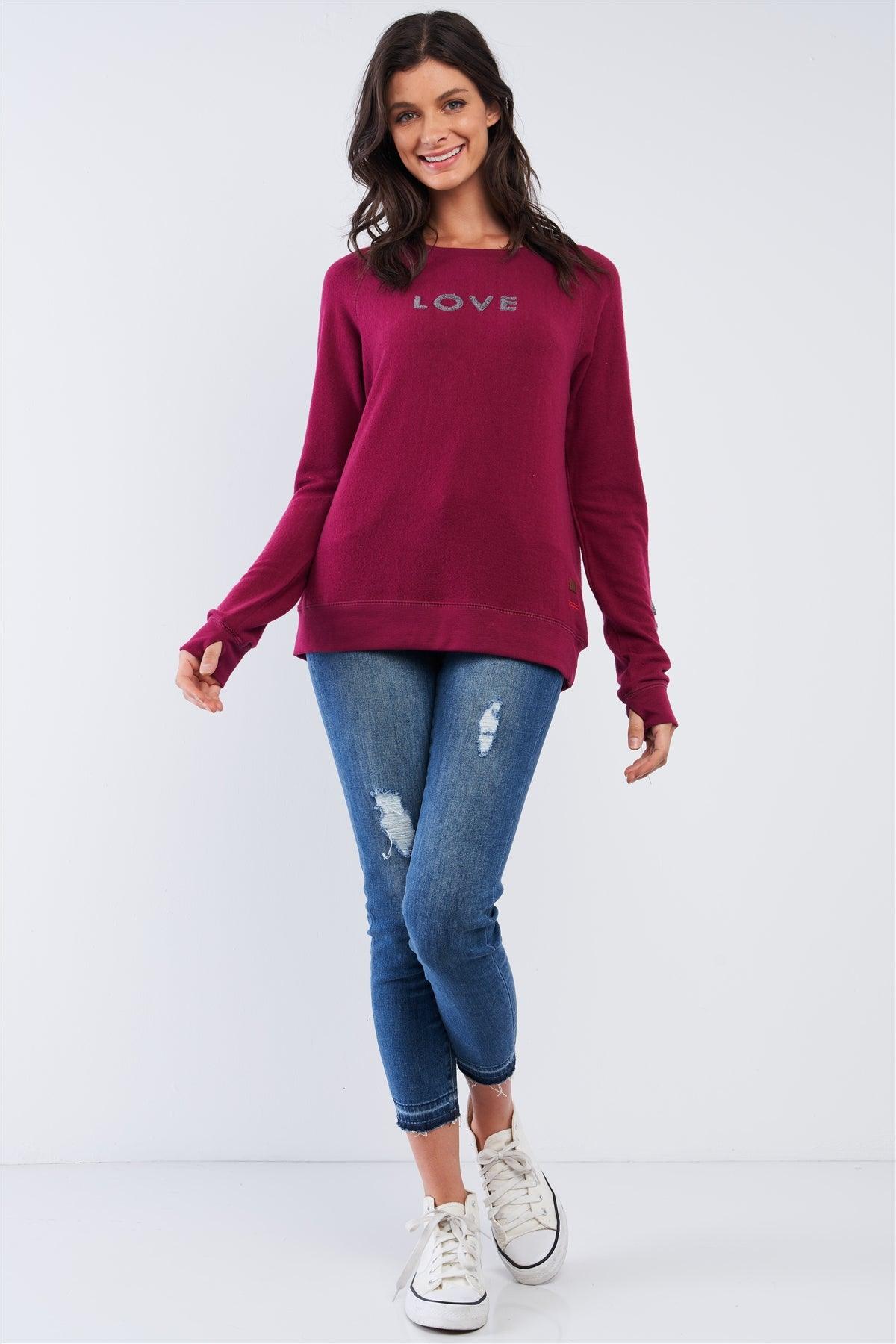 Plum Red Long Sleeve "Love is Love" Graphic Crew Neck Printed Top /2-2 - Tasha Apparel Wholesale