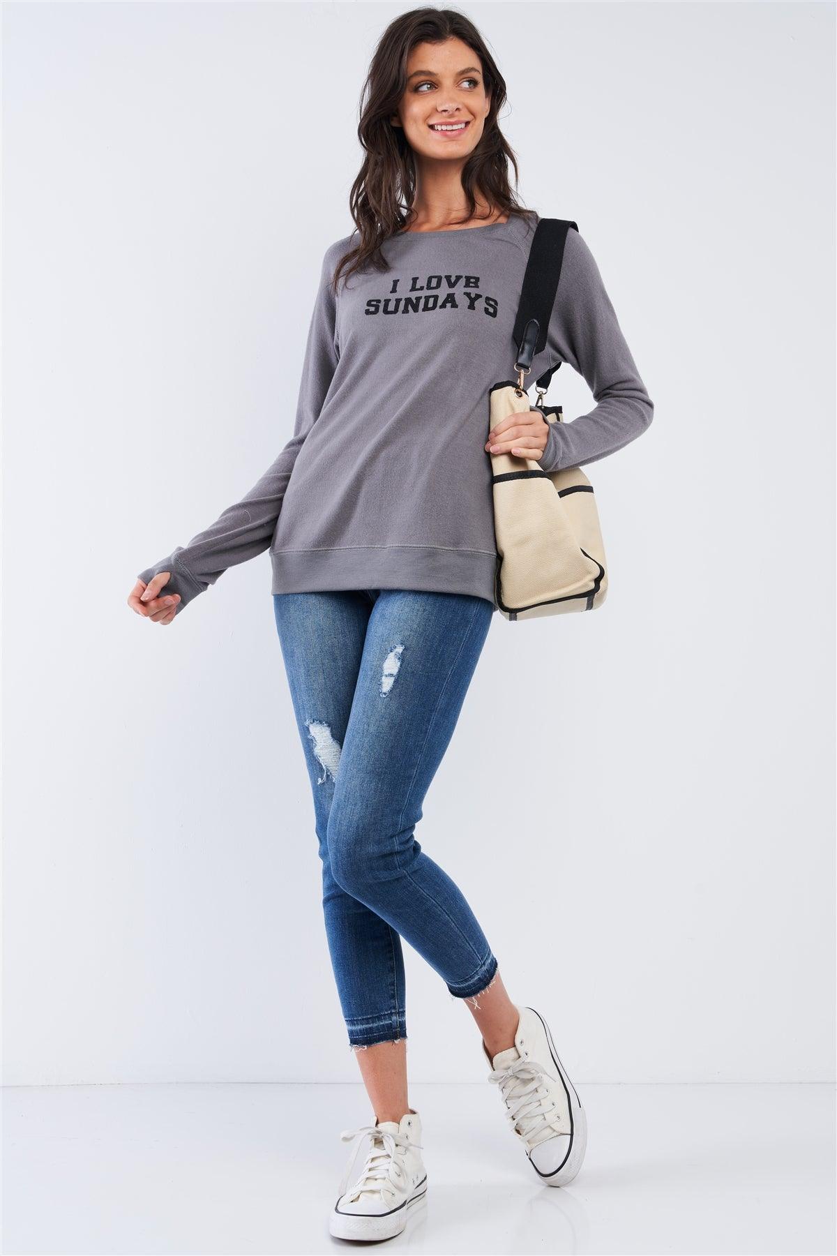 Charcoal Long Sleeve "I Love Sundays" Graphic Crew Neck Comfy Top /2-3 - Tasha Apparel Wholesale