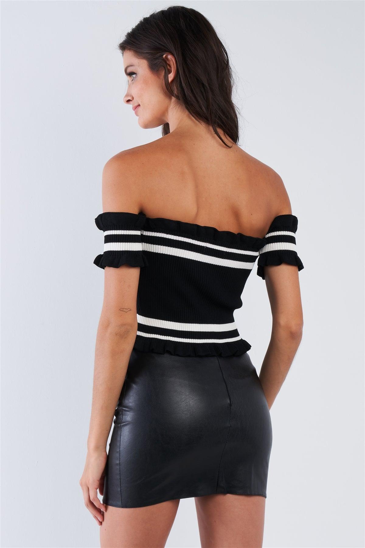 Black Off The Shoulder White Striped Crop Strapless Top