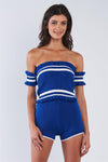 Royal Blue Off The Shoulder White Striped High Waisted Short