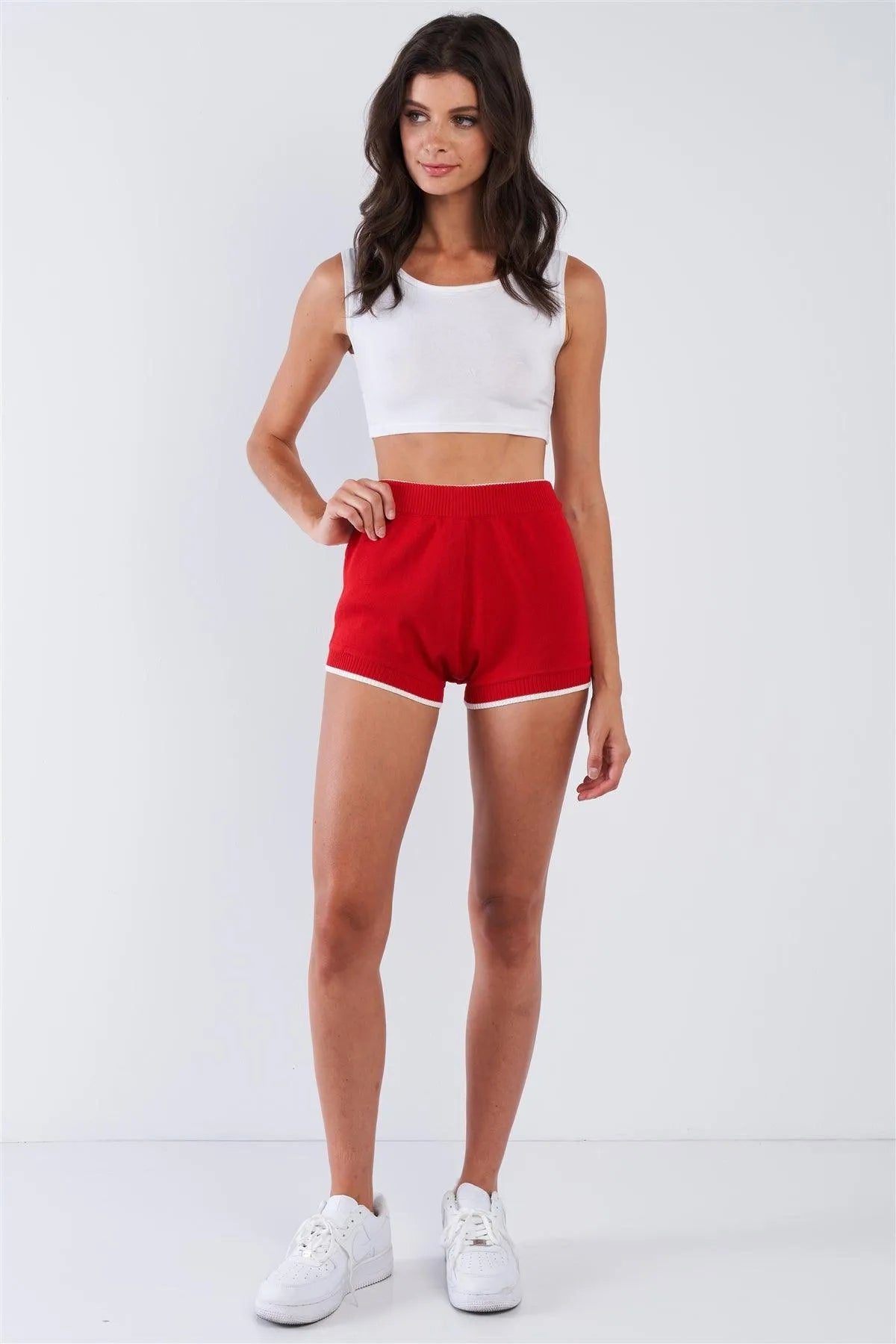 Red White Striped Crop High Waisted Shorts /2-2-2 - Tasha Apparel Wholesale