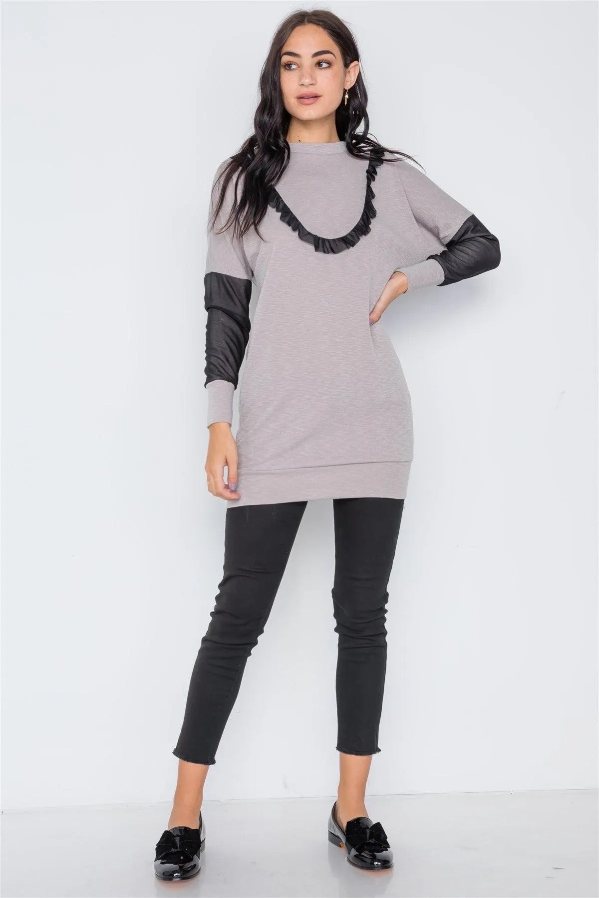 Sage Taupe Mash Detail Mini Sweater Dress /2-2-2 - Tasha Apparel Wholesale