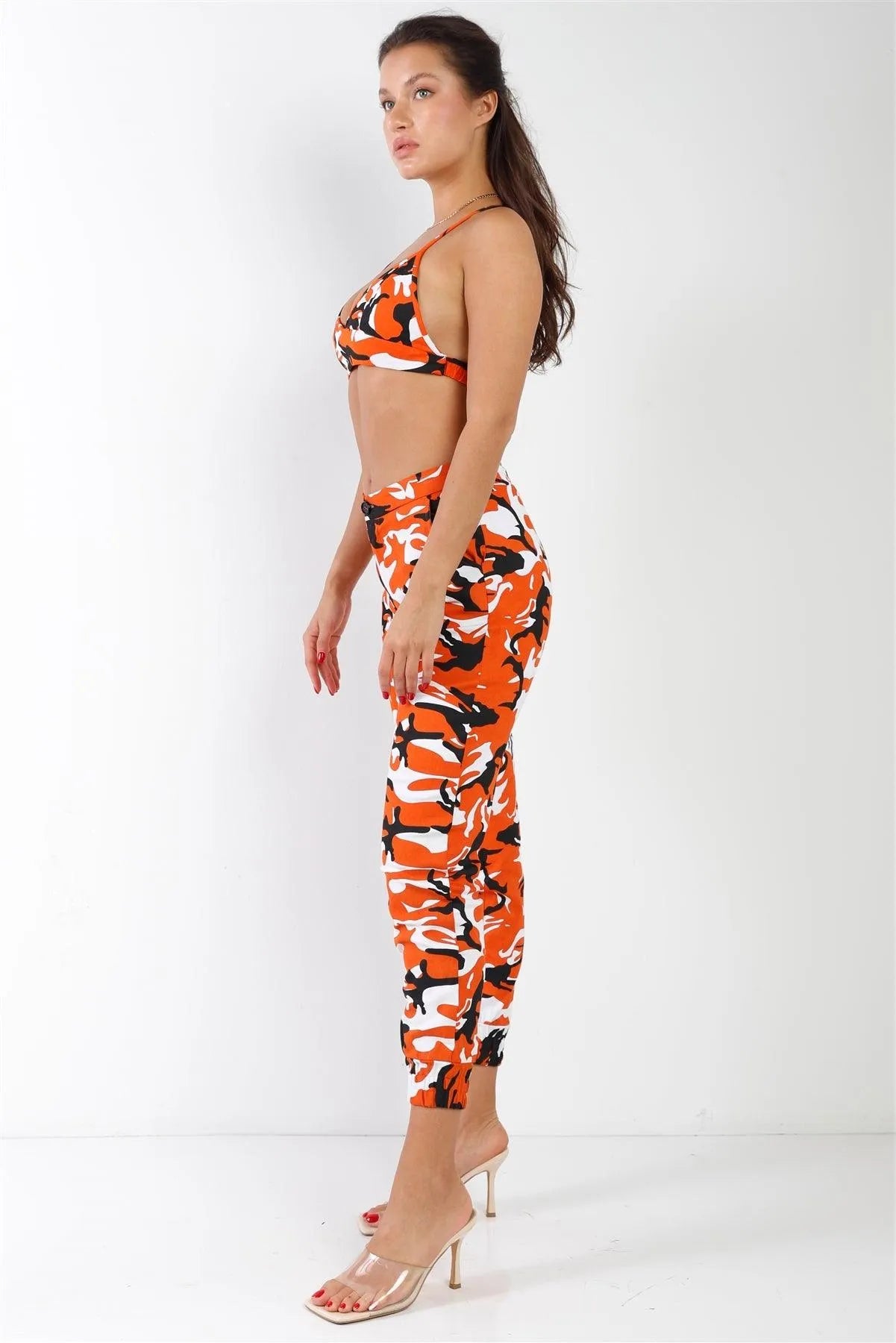 Orange Camouflage High Waisted Parachute Jogger Pant Triangle Halter Crop Top Two Piece Set - Tasha Apparel Wholesale