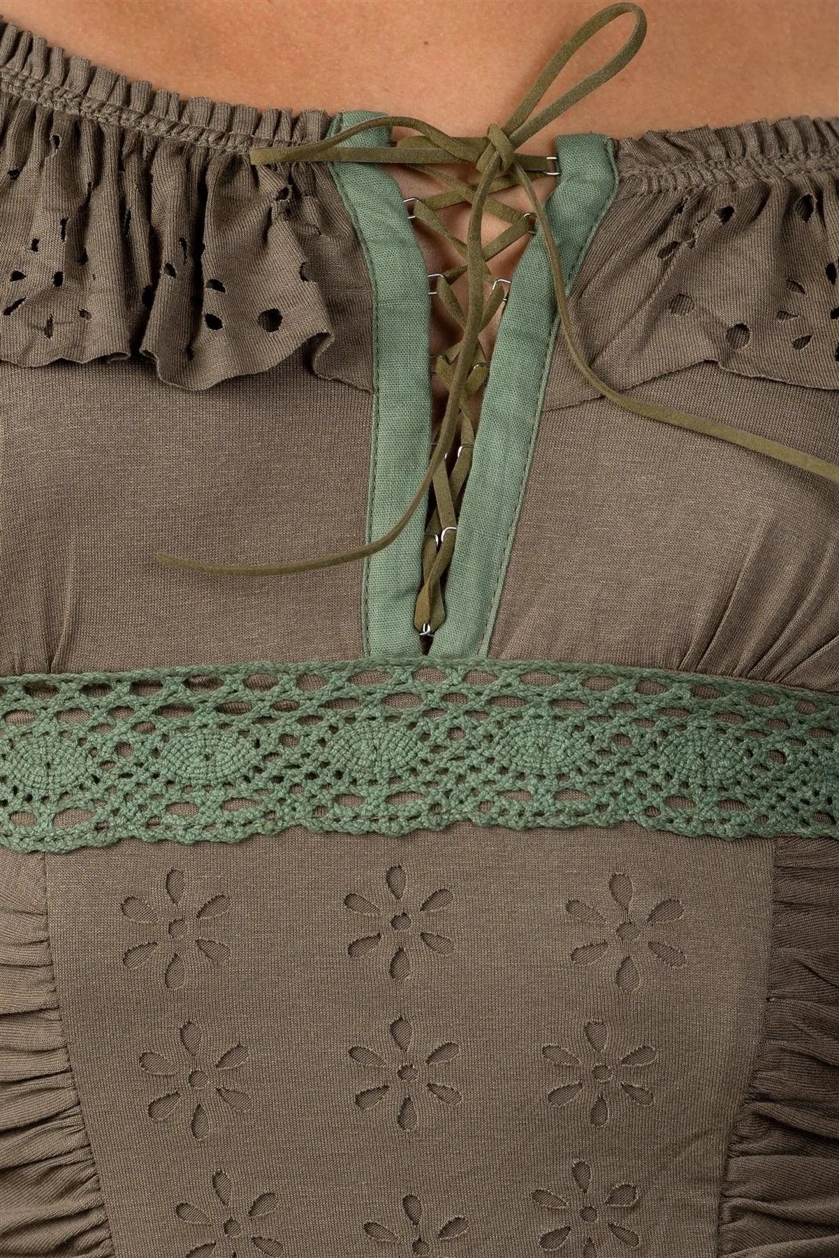 Olive Floral Eyelet Tie-Strap Cold Shoulder Top /2-2-2 - Tasha Apparel Wholesale