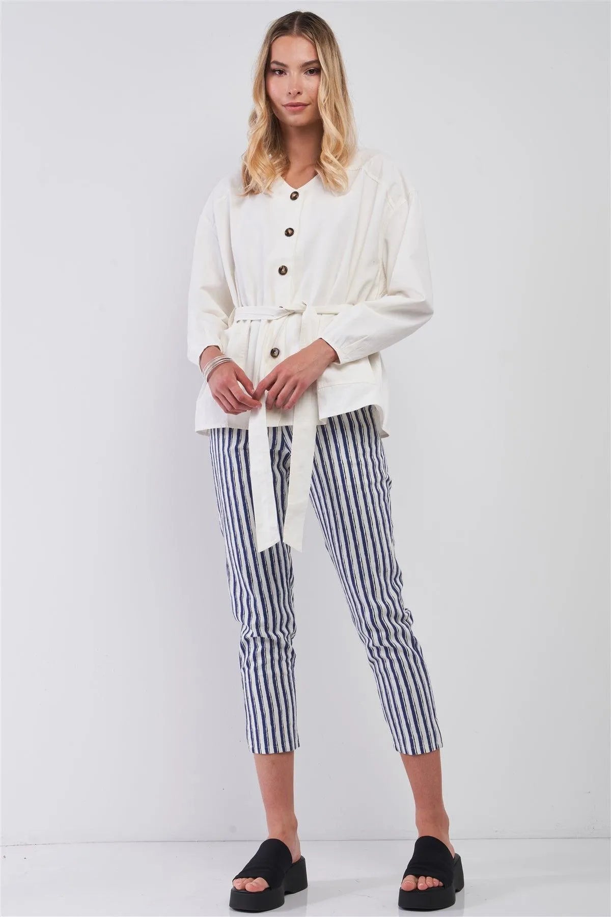 Off-White Balloon Sleeve Button-Down Front Self-Tie Belted Oversized Summer Jacket /1-2-2-1 - Tasha Apparel Wholesale