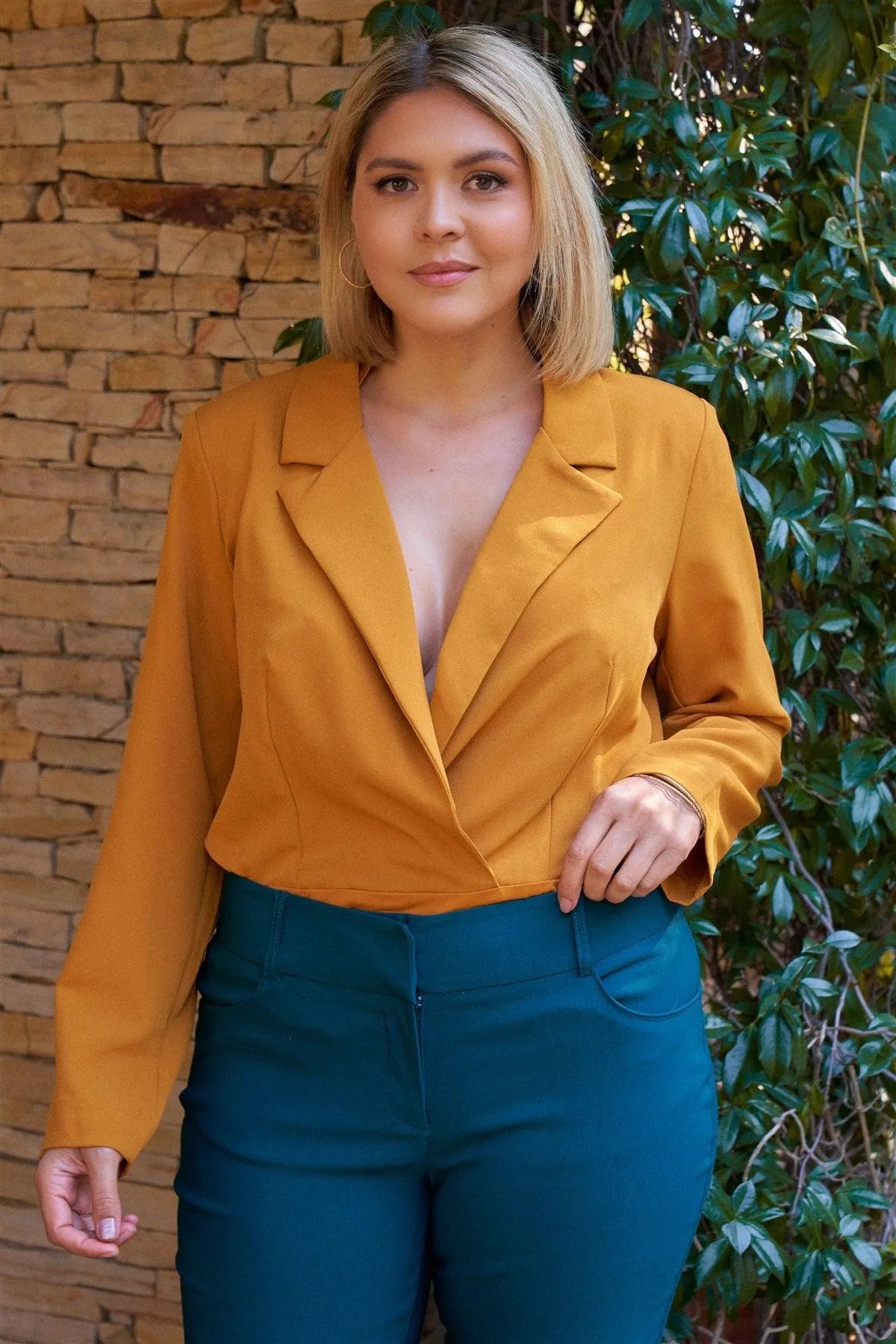 Junior Plus Golden-Haze Long Sleeve Plunge Neck Wrap Blazer Bodysuit - Tasha Apparel Wholesale