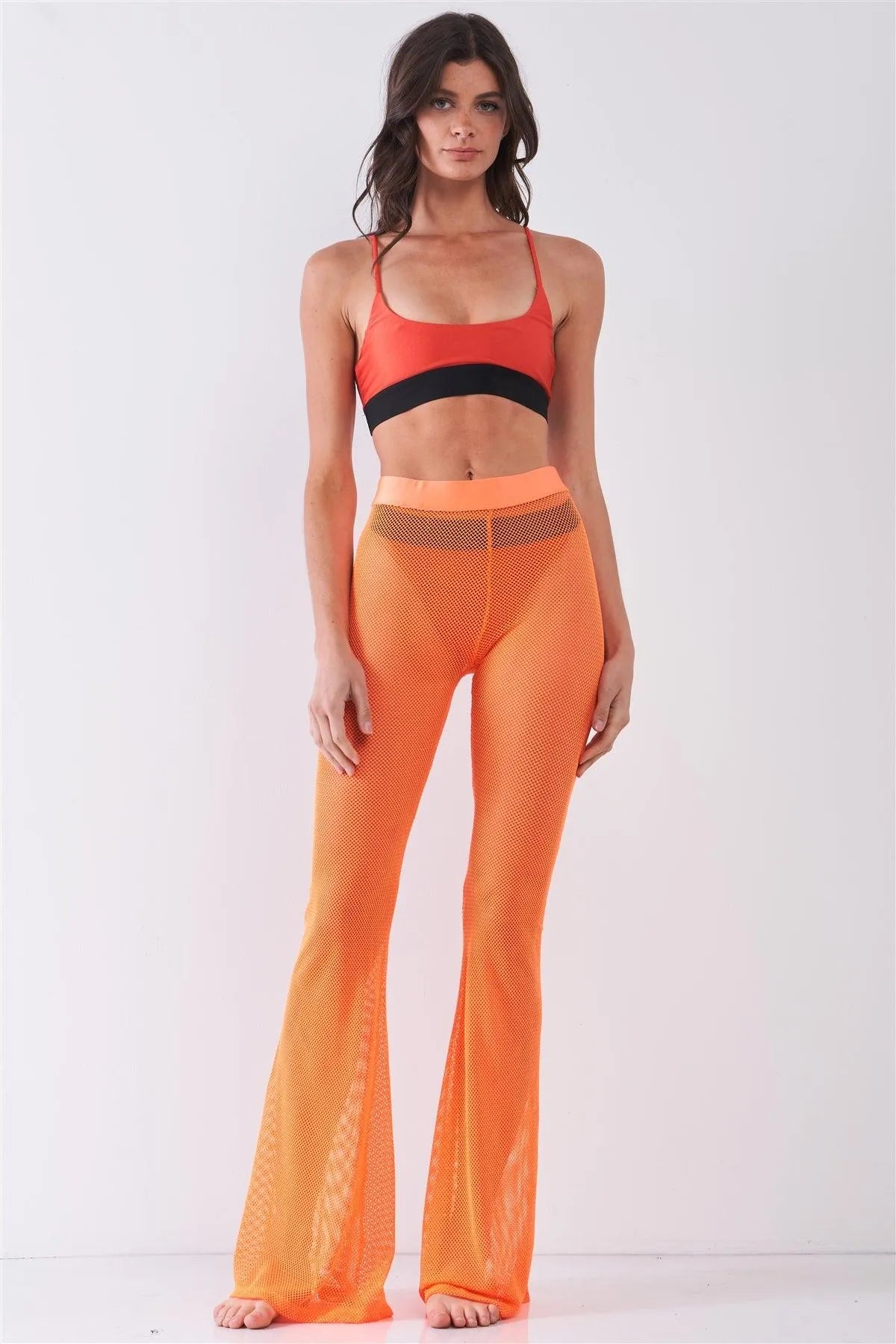 Neon Orange Sheer Tennis Net Mesh High Waist Bell Bottom Pants - Tasha Apparel Wholesale