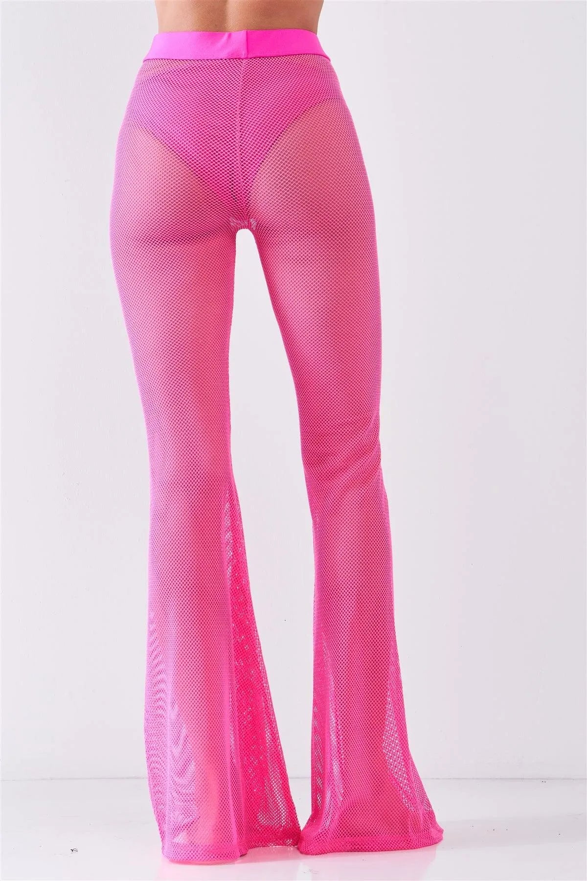 Neon Pink Sheer Tennis Net Mesh High Waist Bell Bottom Pants /2-2-2-2 - Tasha Apparel Wholesale