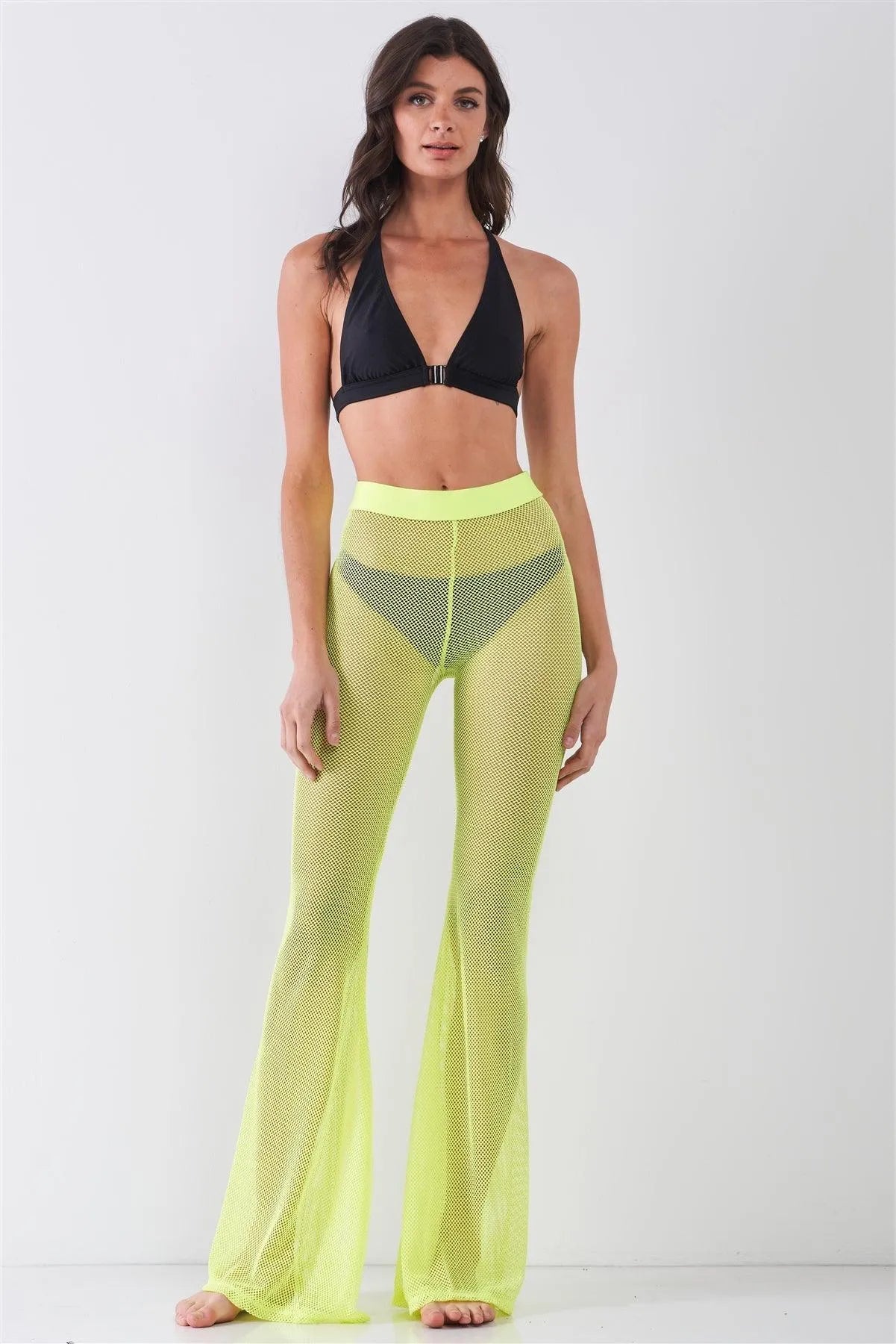 Neon Yellow Sheer Tennis Net Mesh High Waist Bell Bottom Pants /2-2-2-1 - Tasha Apparel Wholesale