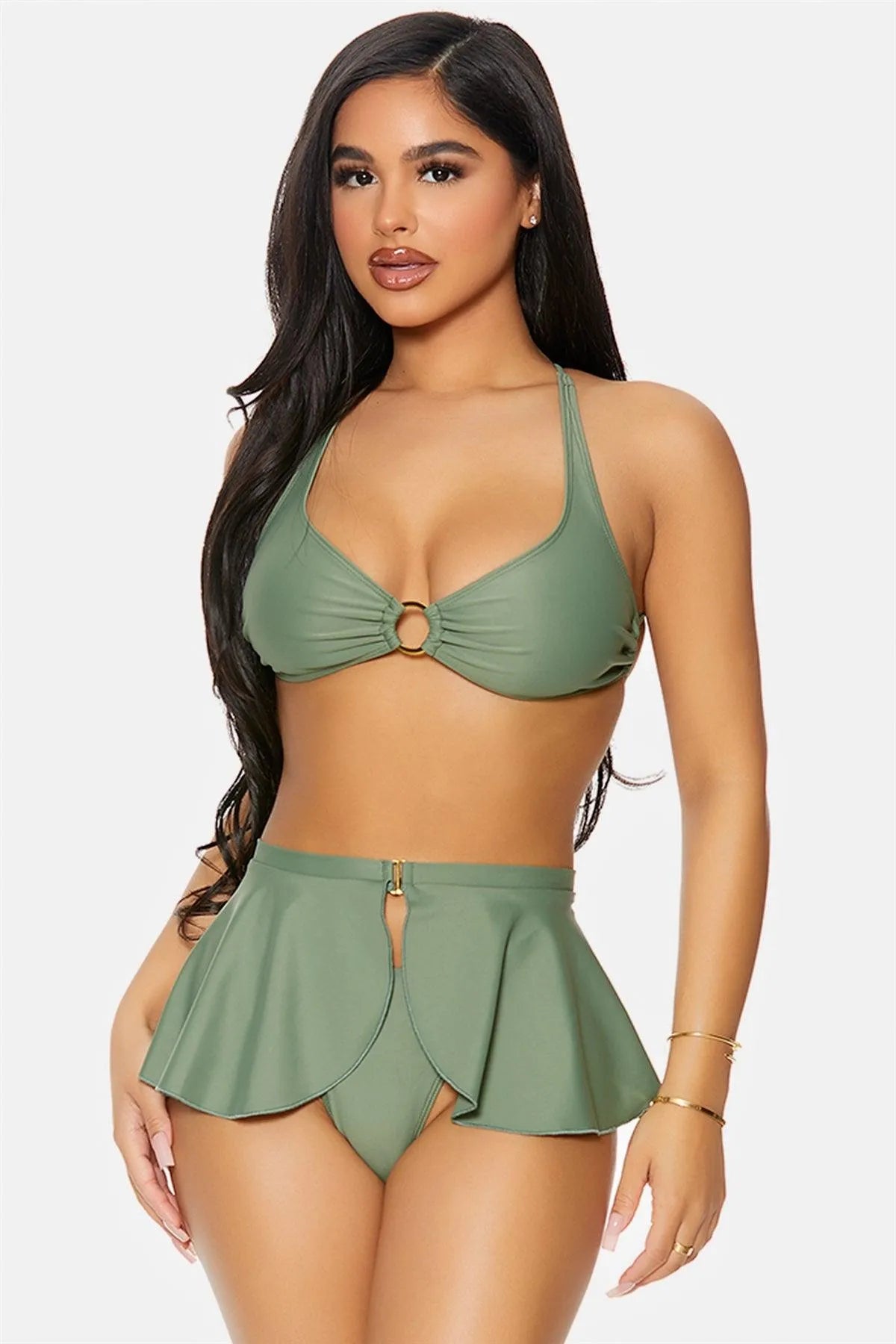 Sage Martinique Gold Ring Strappy Back Peplum Skirt Bikini Swimwear 3 Piece Set - Tasha Apparel Wholesale