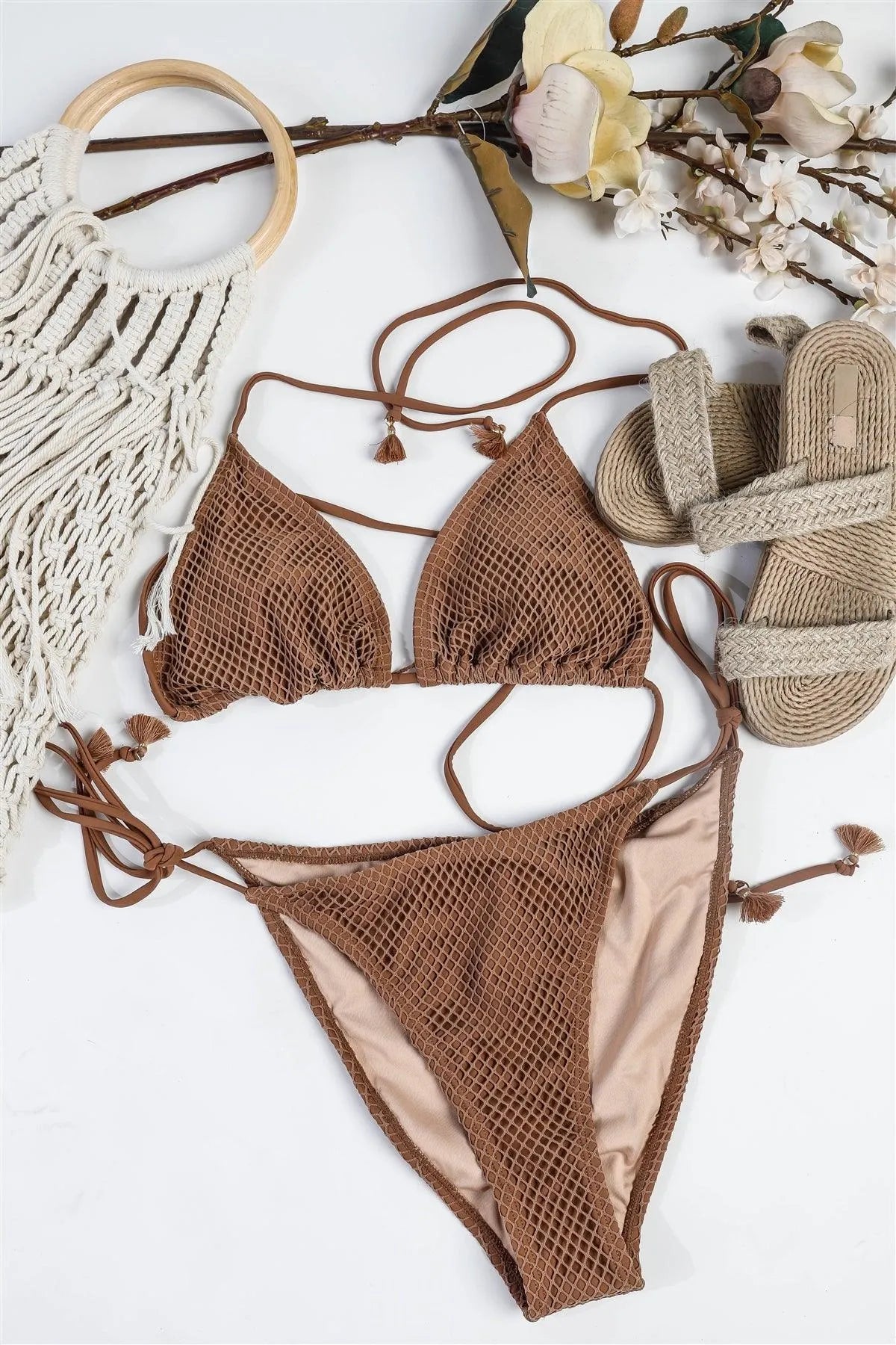 Mocha Mesh Halter Triangle Top & Self-Tie Bottom Swimsuit - Tasha Apparel Wholesale