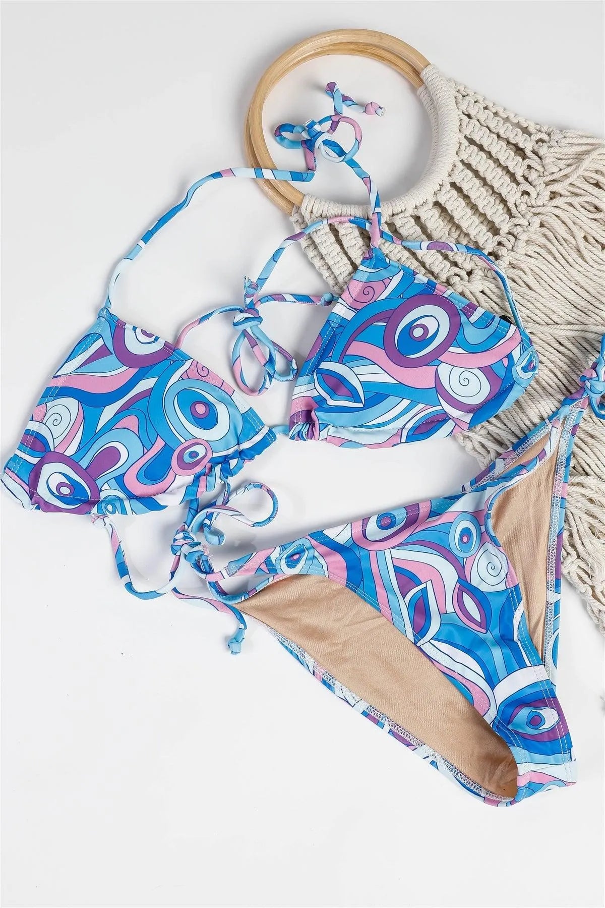 Blue Multicolor Printed Halter Triangle Top & Self-Tie Bottom Bikini Set Swimsuit - Tasha Apparel Wholesale