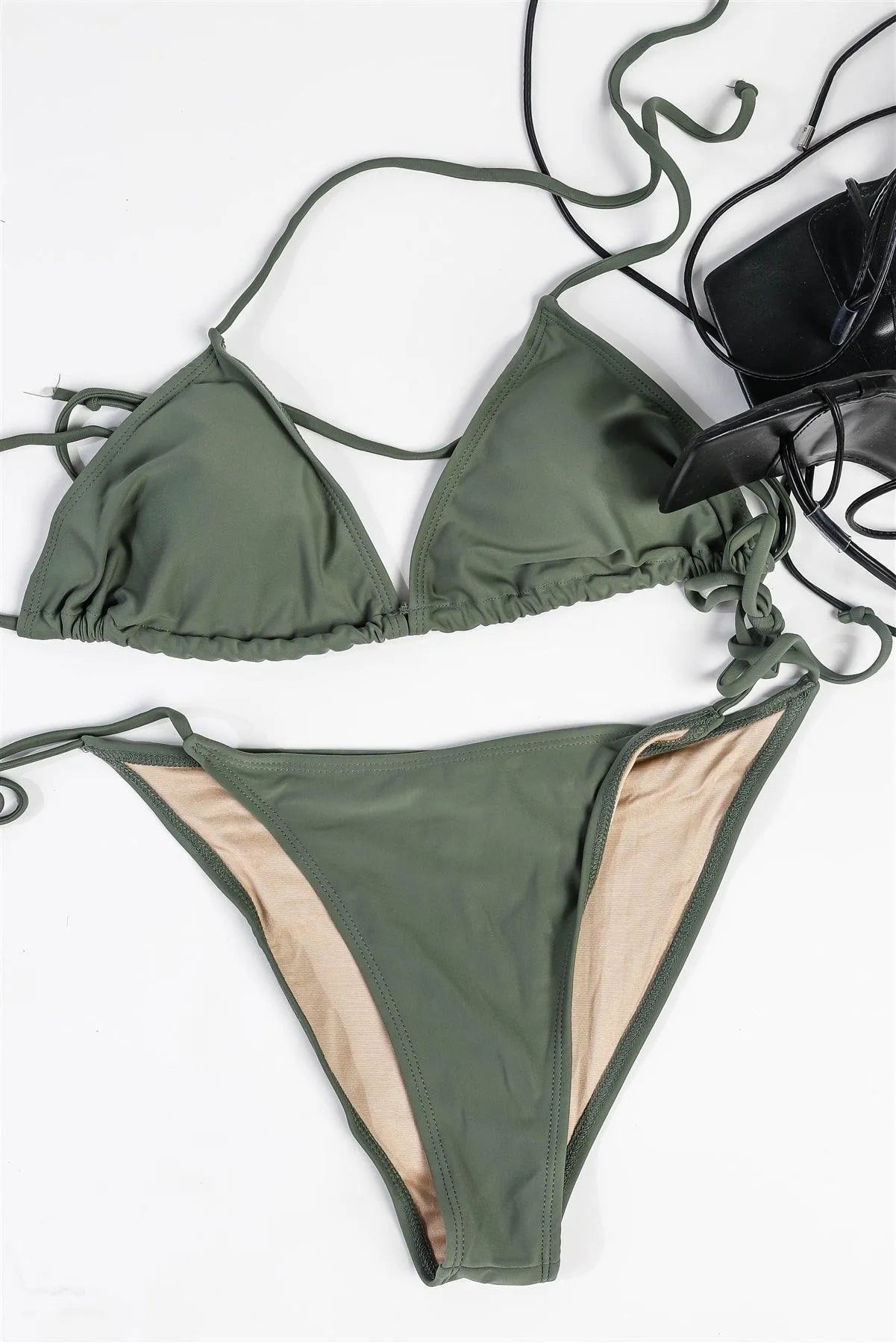 Sage Halter Triangle Top & Self-Tie Bottom Bikini Set Swimsuit - Tasha Apparel Wholesale