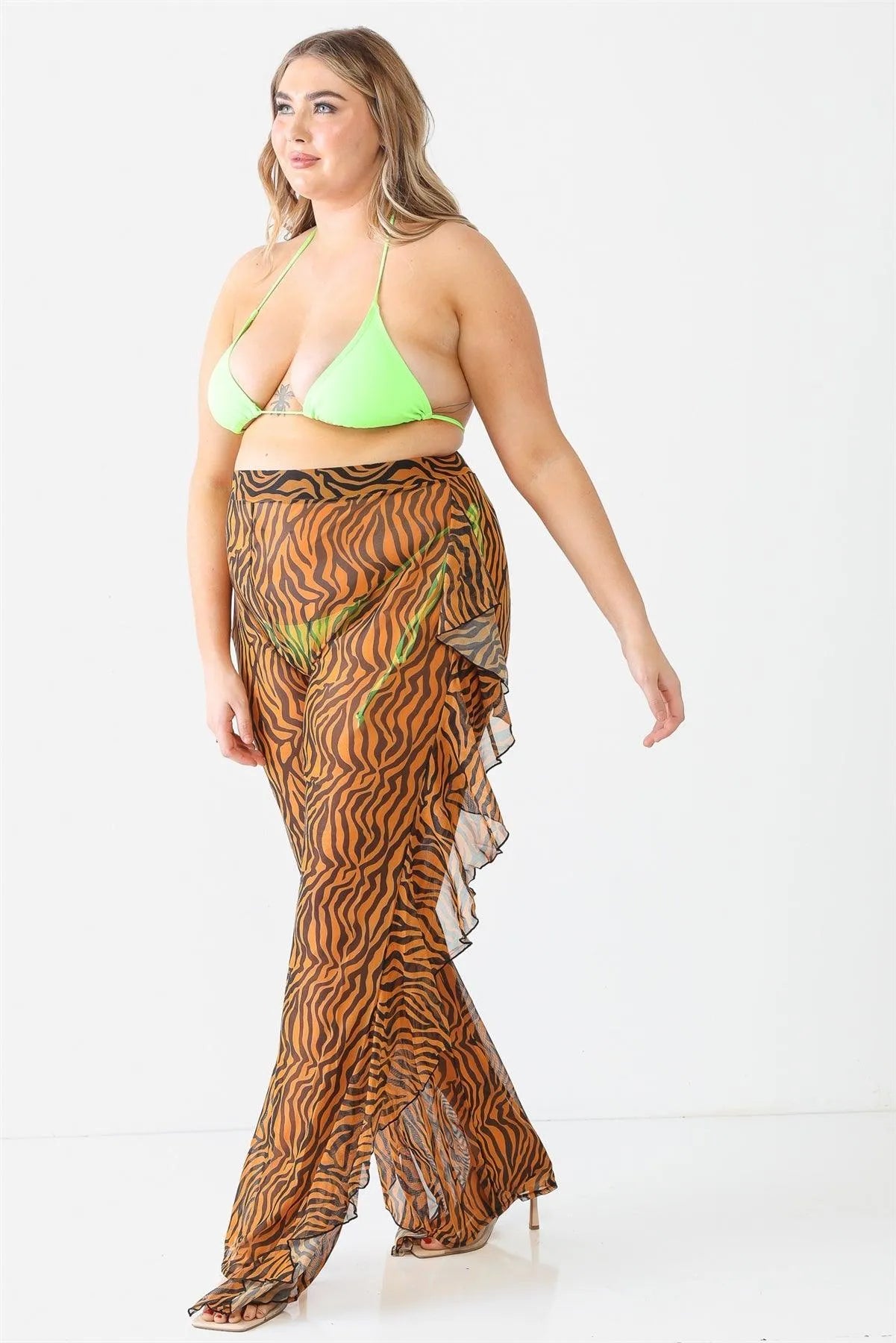 Tiger Animal Print Mesh High Waist Sexy Ruffle Pants - Tasha Apparel Wholesale