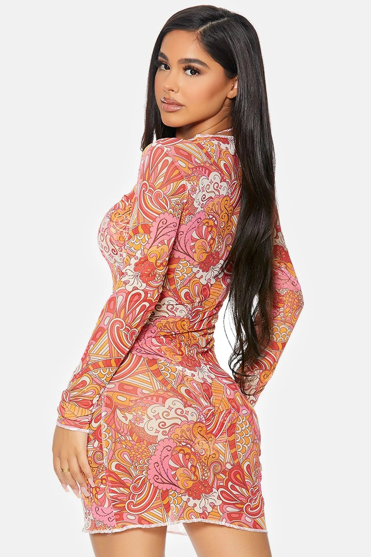 Raspberry Pink Cover Me Long Sleeve Mesh Sheer Pool Swimwear Coverup Mini Dress - Tasha Apparel Wholesale