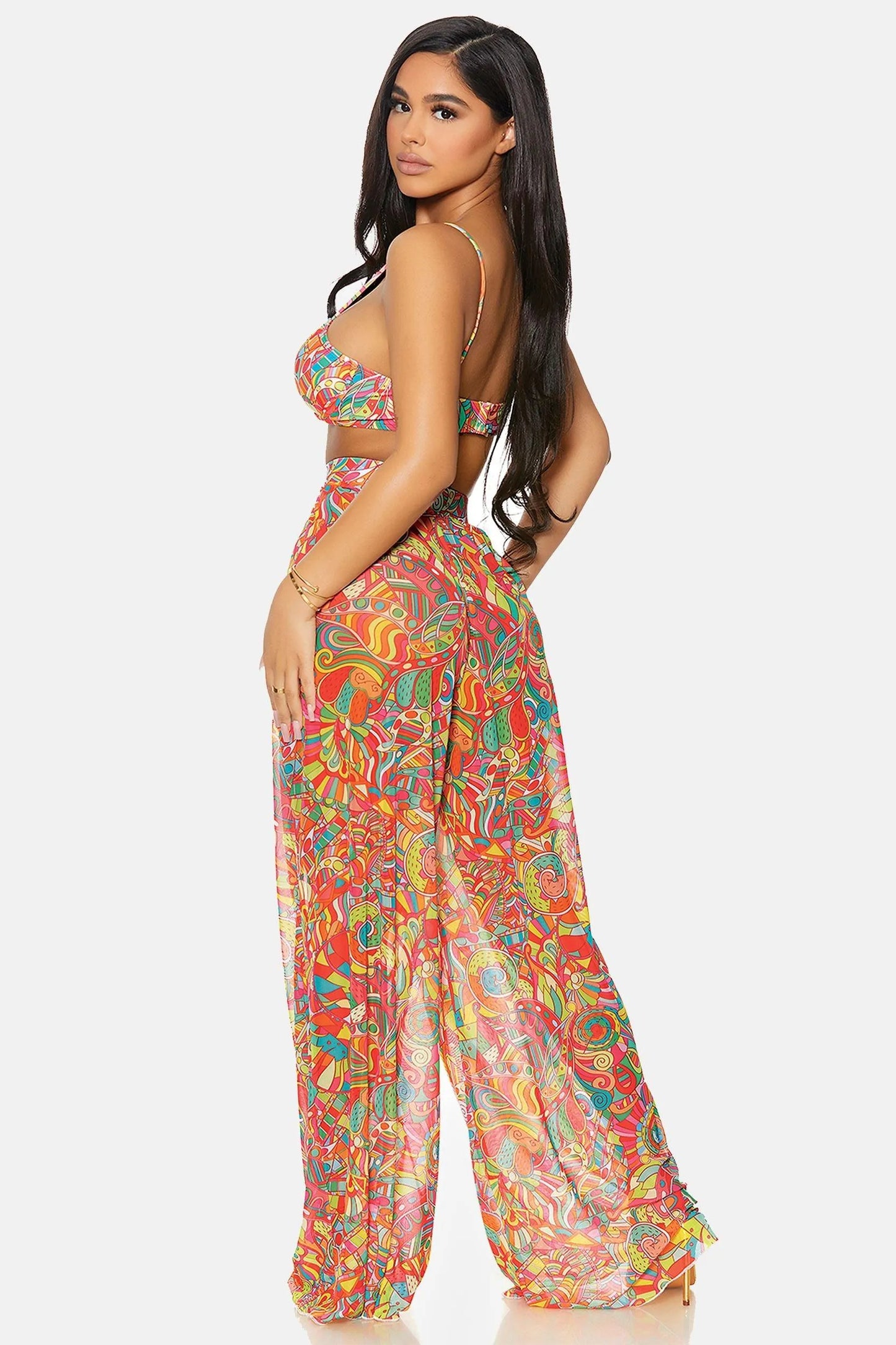 Multi Kaleidoscope Coverup Mesh Sheer Pool Swimwear High Waist Bottom Pants - Tasha Apparel Wholesale