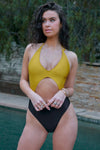 Mustard & Black Color Block V-Neck Front Cut-Out Open Back High-Leg One Piece Swimsuit
