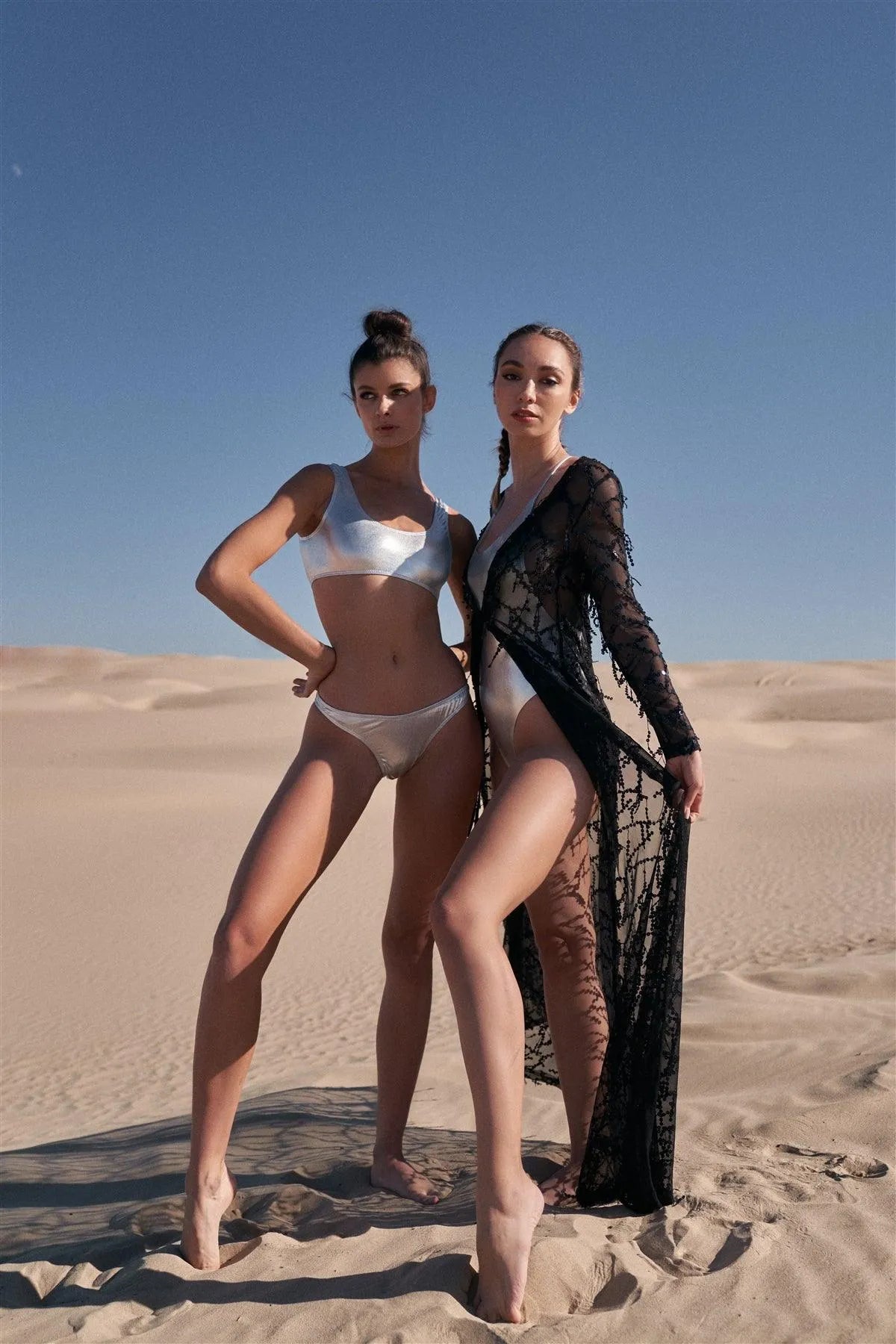 Metallic Silver High Hip Open Self-Tie Strap Back Cheeky One-Piece Swimsuit /2-2 - Tasha Apparel Wholesale