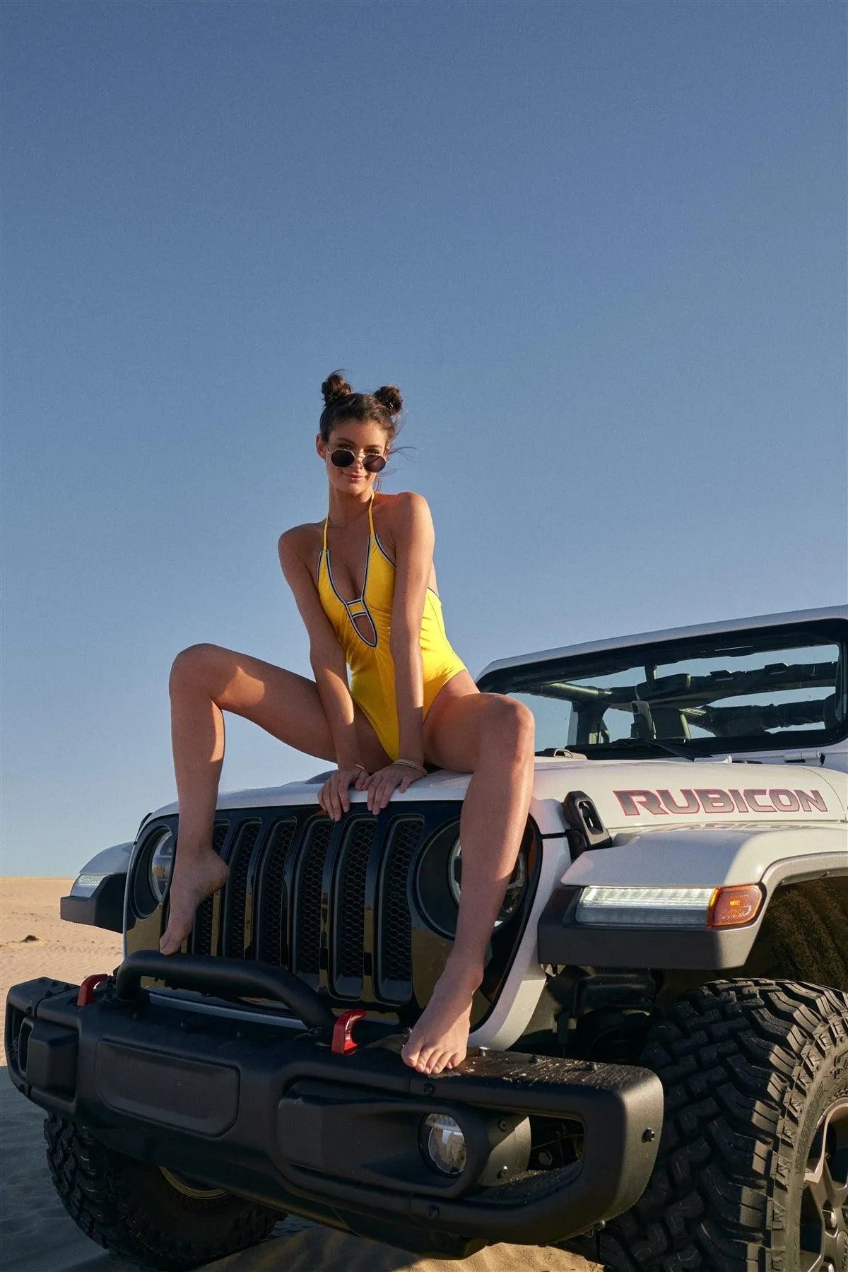 Lemon Yellow Stripe Detail Halter-Tie V-Neck Open Back High Leg Sports One-Piece Swimsuit - Tasha Apparel Wholesale