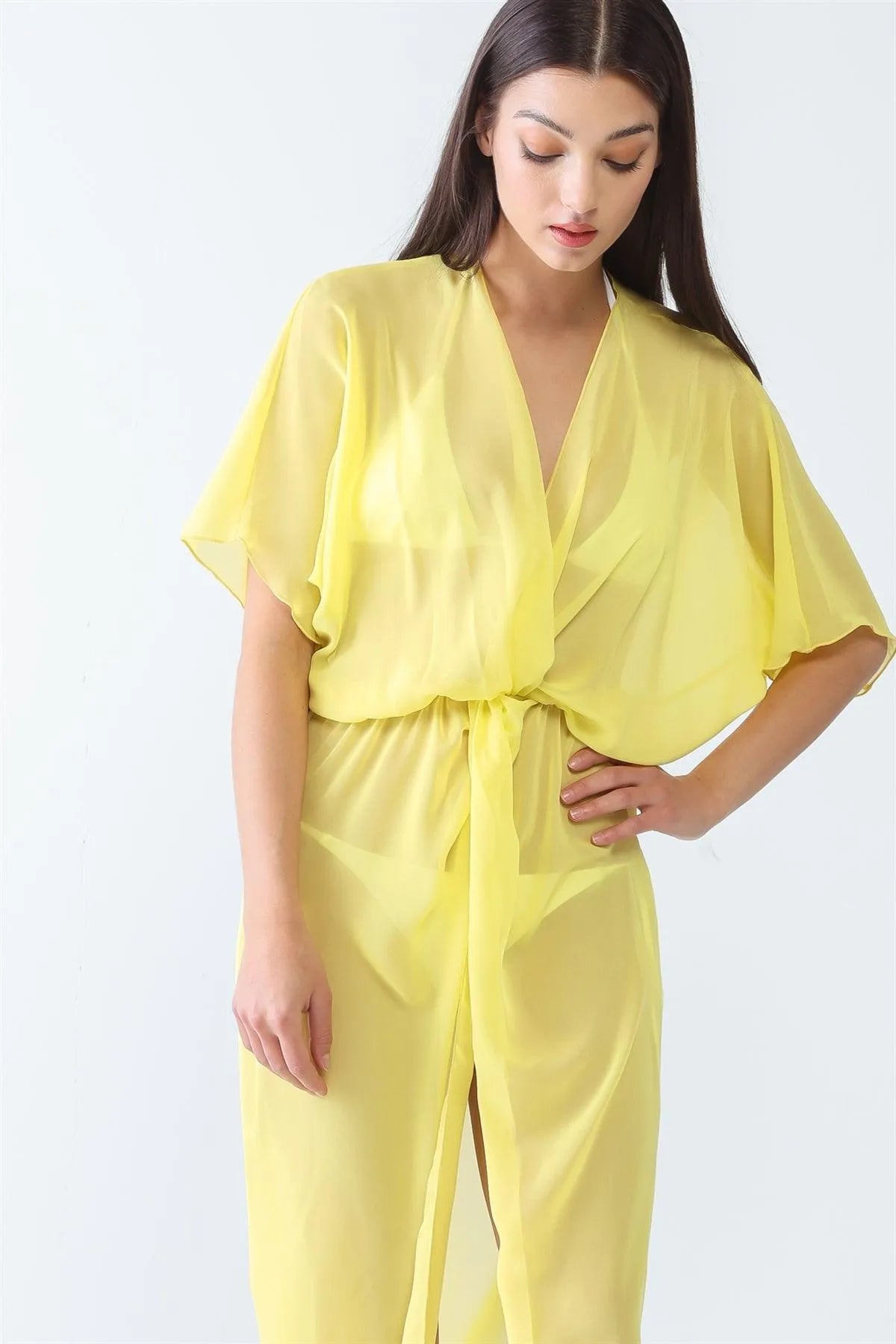 Yellow Mesh Twist V-Neck Dolman Short Sleeve Front Slit Kimono/Cover Up - Tasha Apparel Wholesale