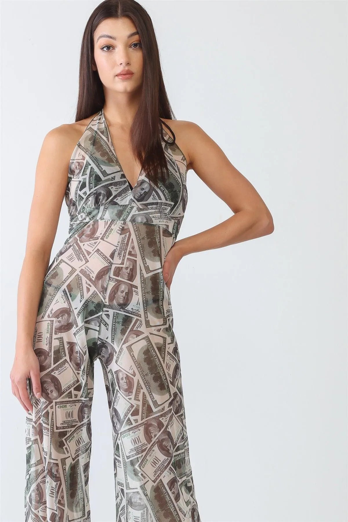 Green Money Dolla Signs Print V-Neck Sleeveless Wide Leg Sheer Jumpsuit Cover Up - Tasha Apparel Wholesale