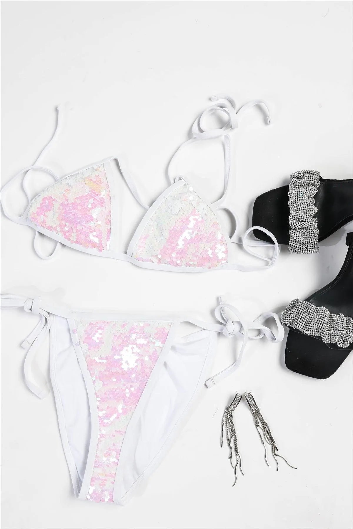 White Mermaid Sequin Halter Triangle Top & Self-Tie Bottom Bikini Set Swimsuit - Tasha Apparel Wholesale