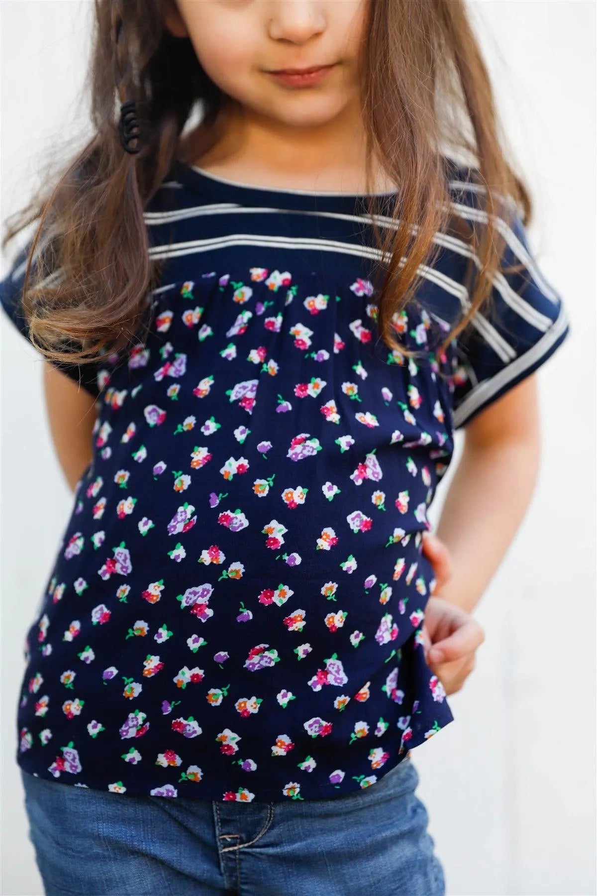 Little Toddler Girls Navy Stripe & Floral Print Short Sleeve Top - Tasha Apparel Wholesale