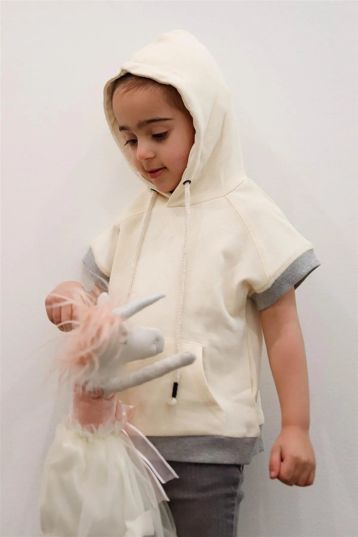 Toddler Girls Cream Contrast Cuffs & Hem Short Sleeve Hooded Sweatshirt /1-1-1-1 - Tasha Apparel Wholesale