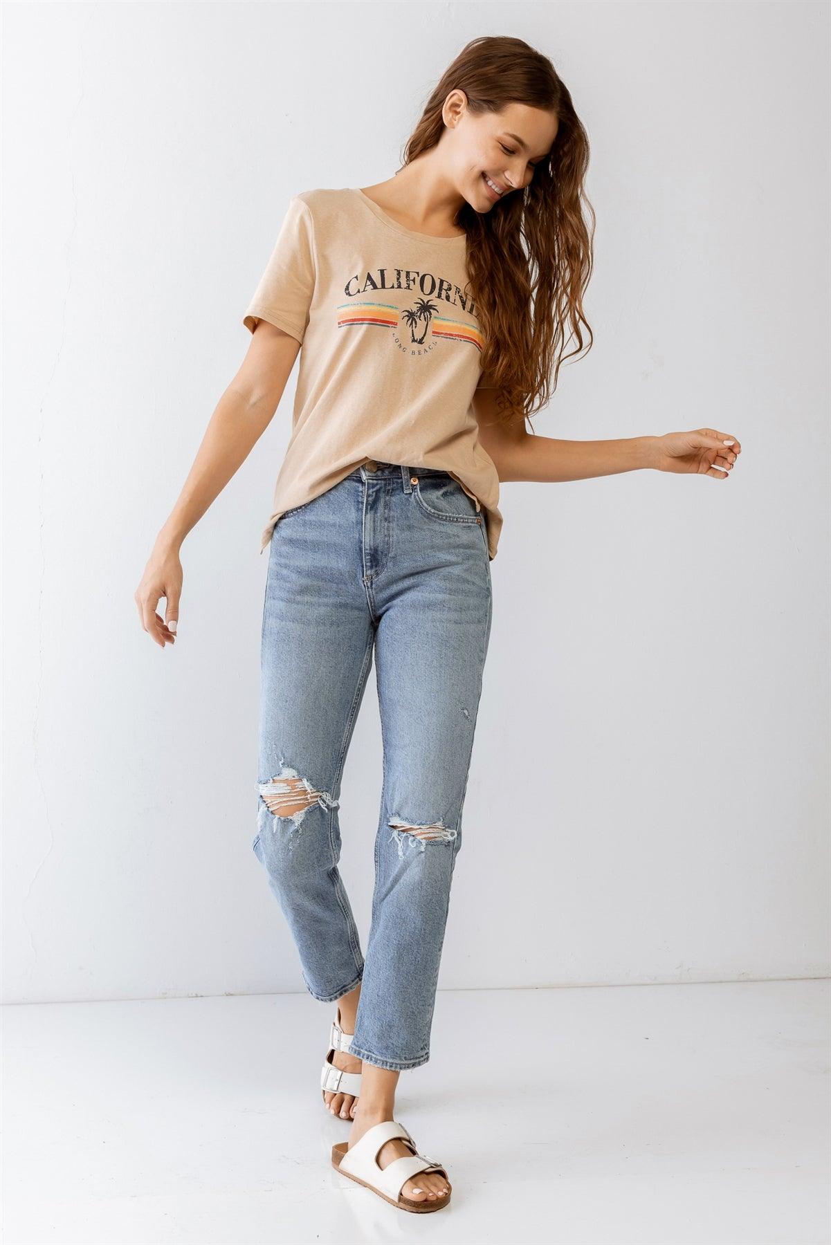 Ivory Cotton & Linen Blend Graphic Print "California" Short Sleeve T-Shirt Top /1-2-2-1 - Tasha Apparel Wholesale