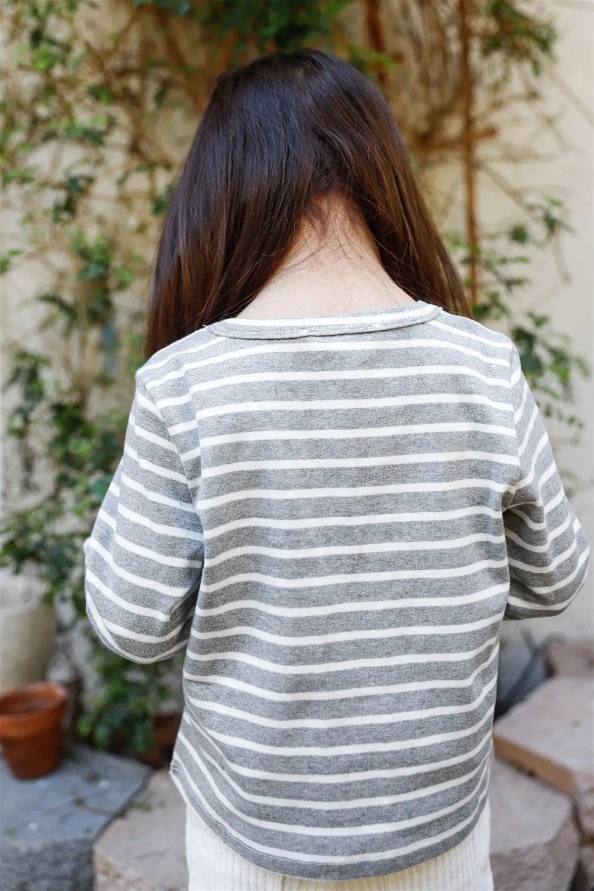 Toddler Girls Grey Striped Cotton Print Detail Long Sleeve Top /2-2-2 - Tasha Apparel Wholesale