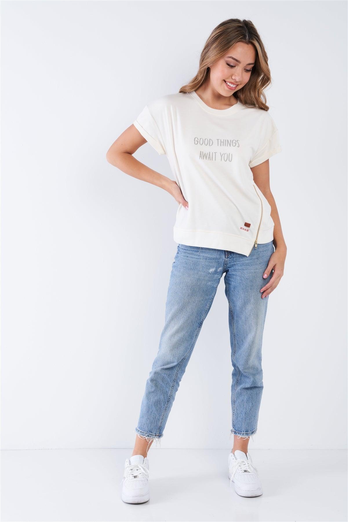 Pristine Short Sleeve "Good Things Await You" Asymmetrical Zipper Top - Tasha Apparel Wholesale