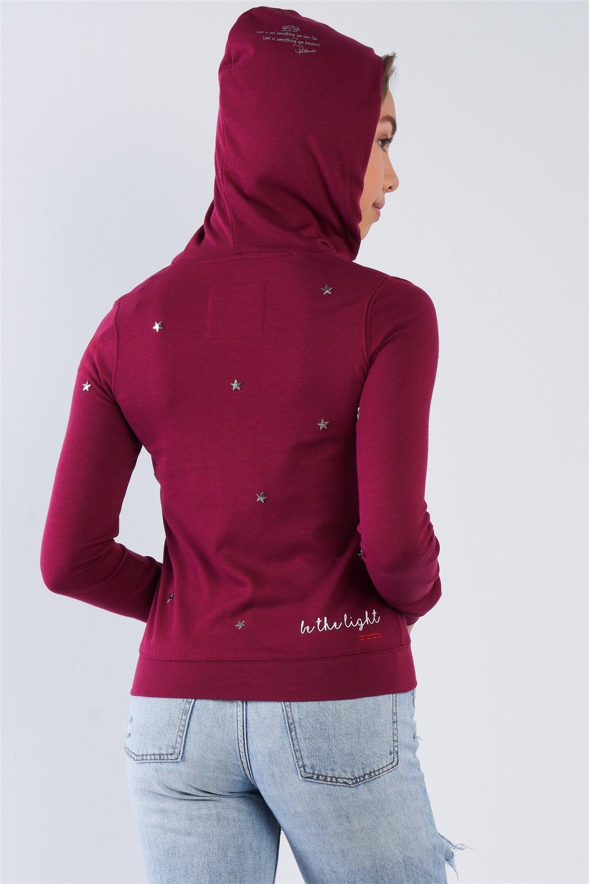 Plum Long Sleeve "Be The Light" Graphic Star Studded Comfy Zip Up Hoodie