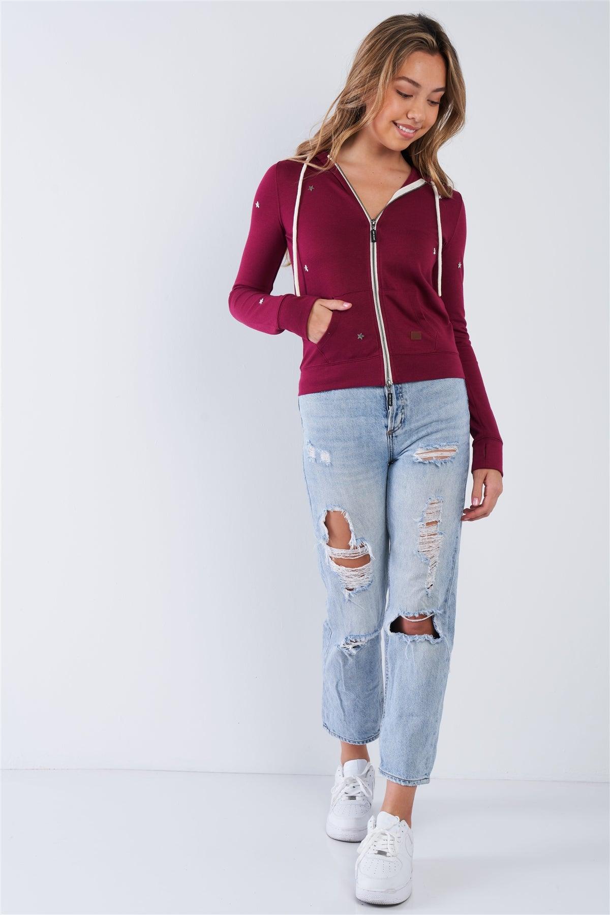 Plum Long Sleeve "Be The Light" Graphic Star Studded Comfy Zip Up Hoodie