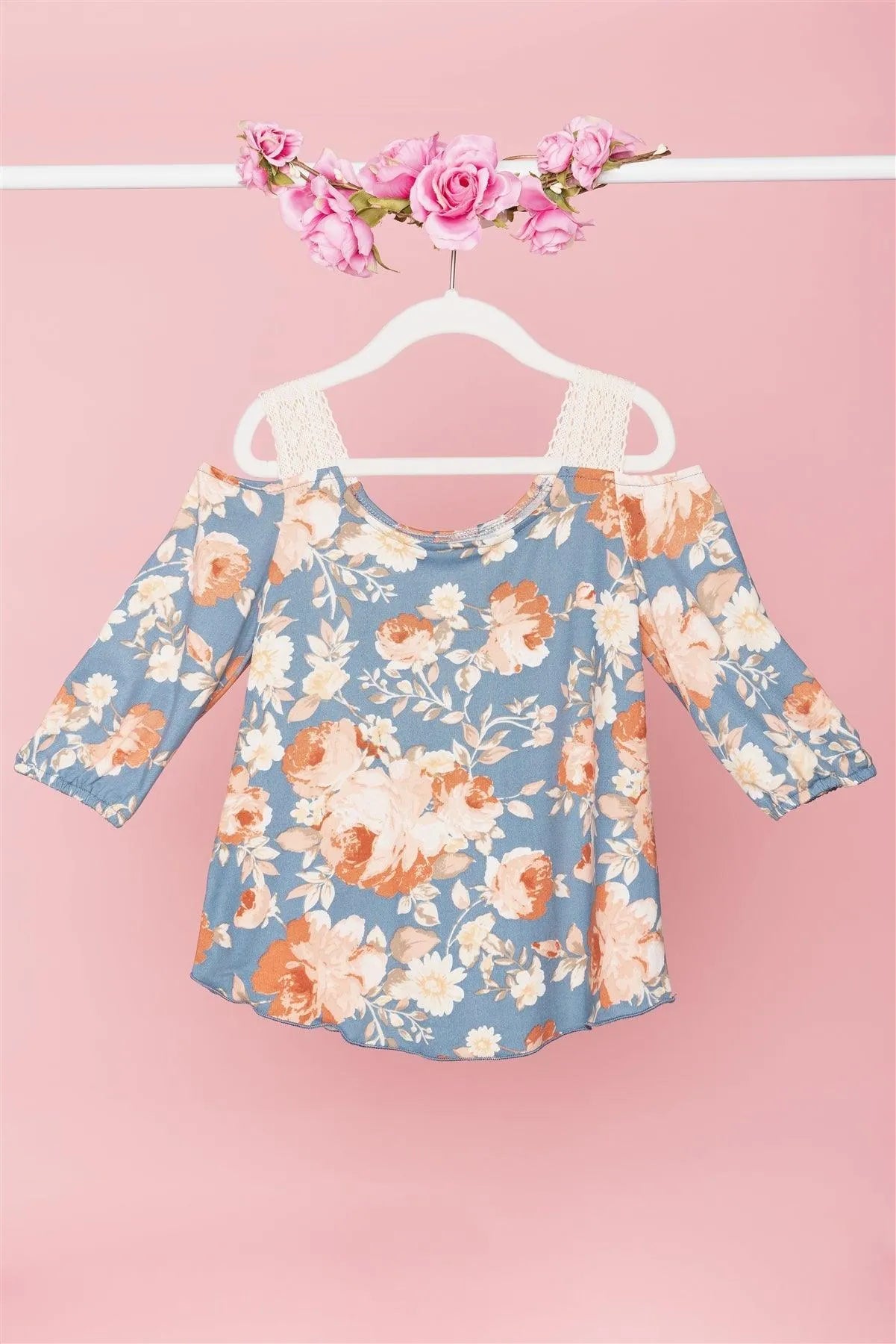 Toddler Girls Boho Floral Blue Cold Shoulder Crochet Detail Top /2-2-1-1 - Tasha Apparel Wholesale