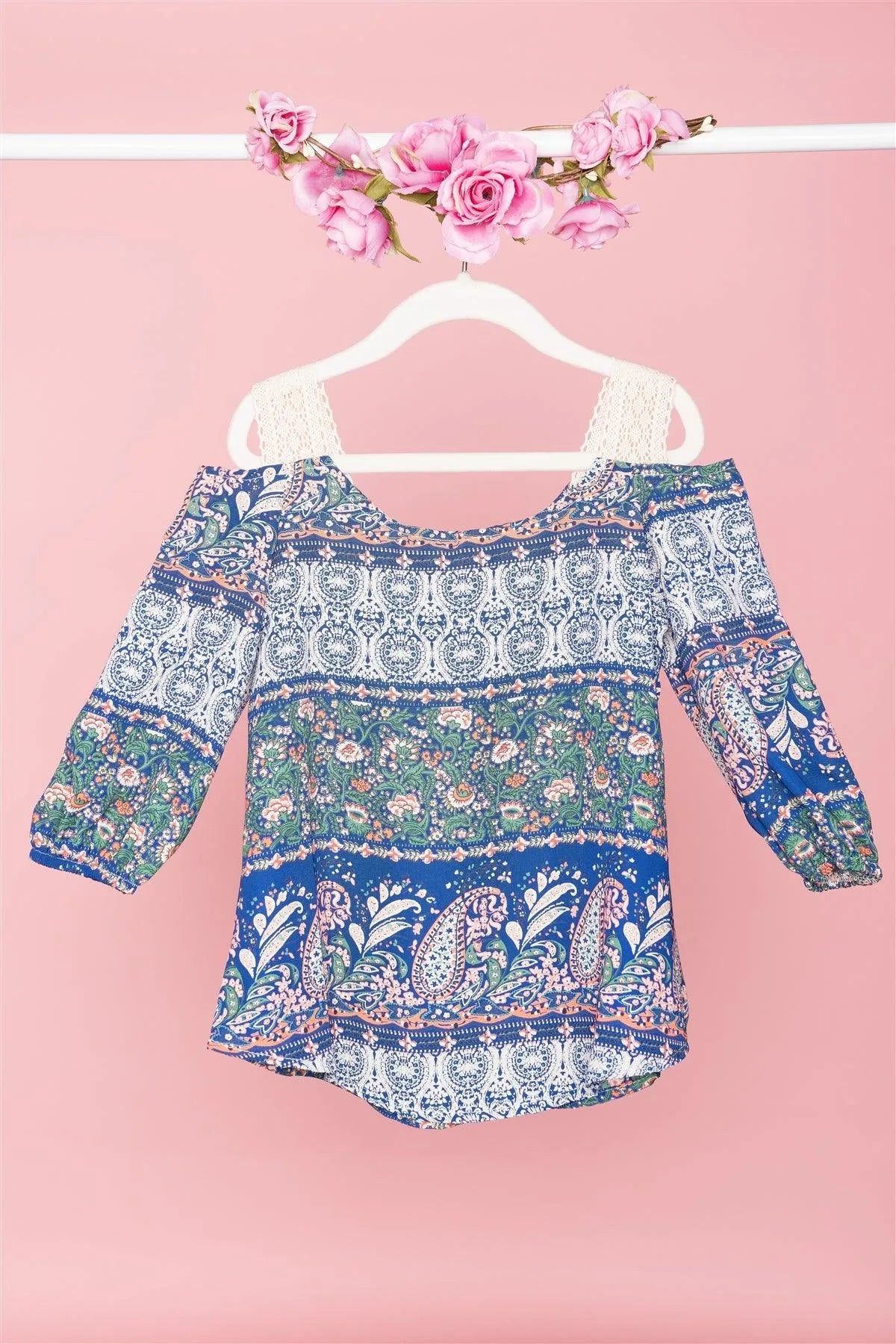 Toddler Girls Boho Multi Blue Cold Shoulder Crochet Detail Top /1-2-2-2 - Tasha Apparel Wholesale