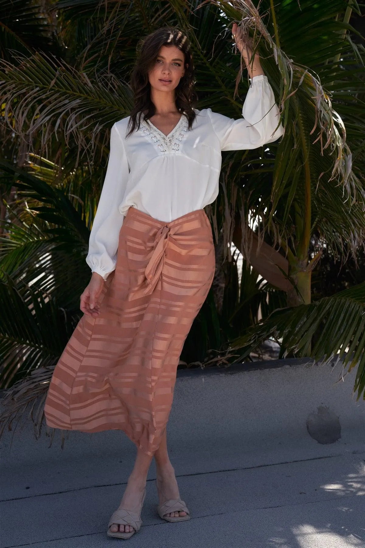 Clay Satin Striped Self-Tie High Waist A-Line Flare Midi Skirt /3-2-1 - Tasha Apparel Wholesale