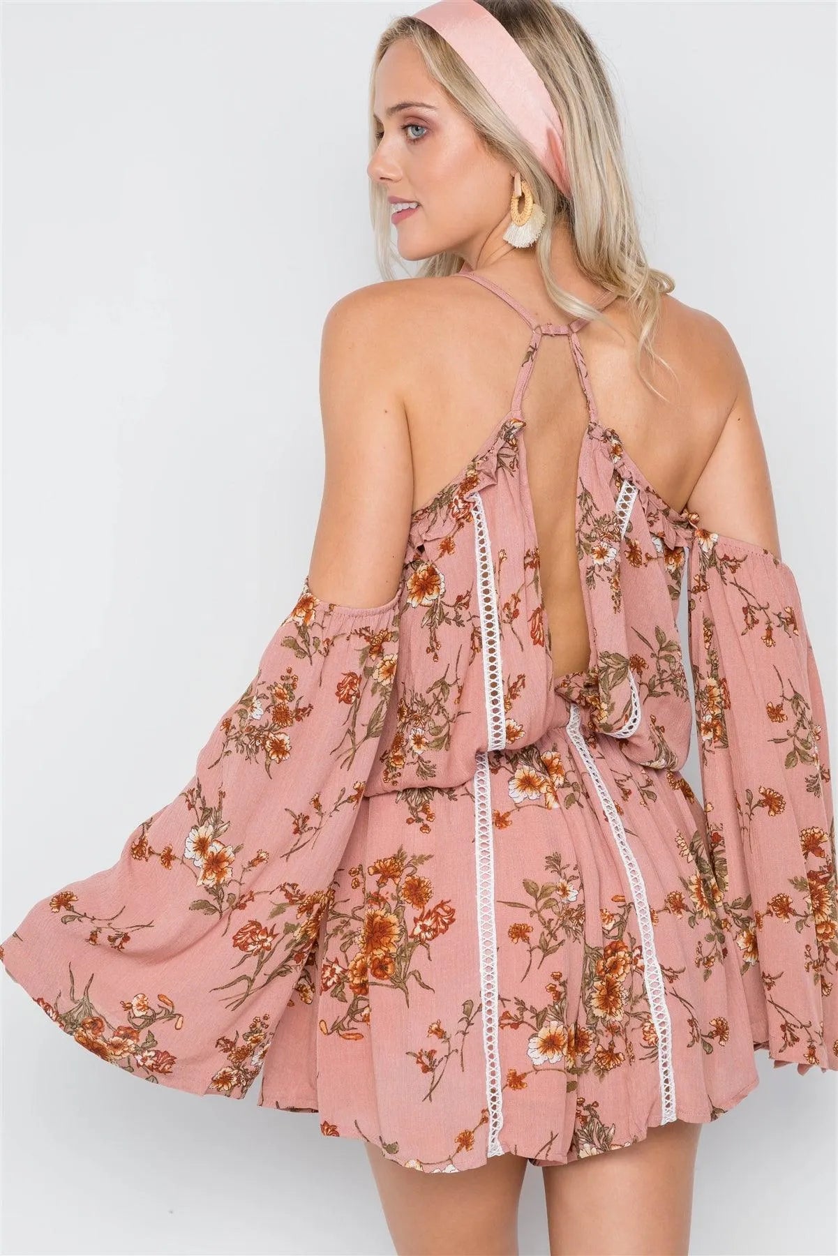 Rose Floral Print Detachable Bell Sleeves Romper /2-2-1 - Tasha Apparel Wholesale