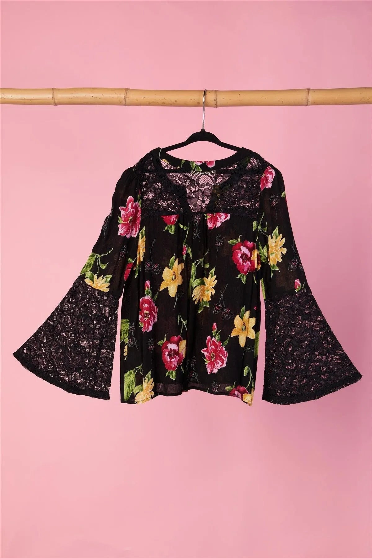 Toddler Girls Black Floral Lace Bell Sleeves Top - Tasha Apparel Wholesale