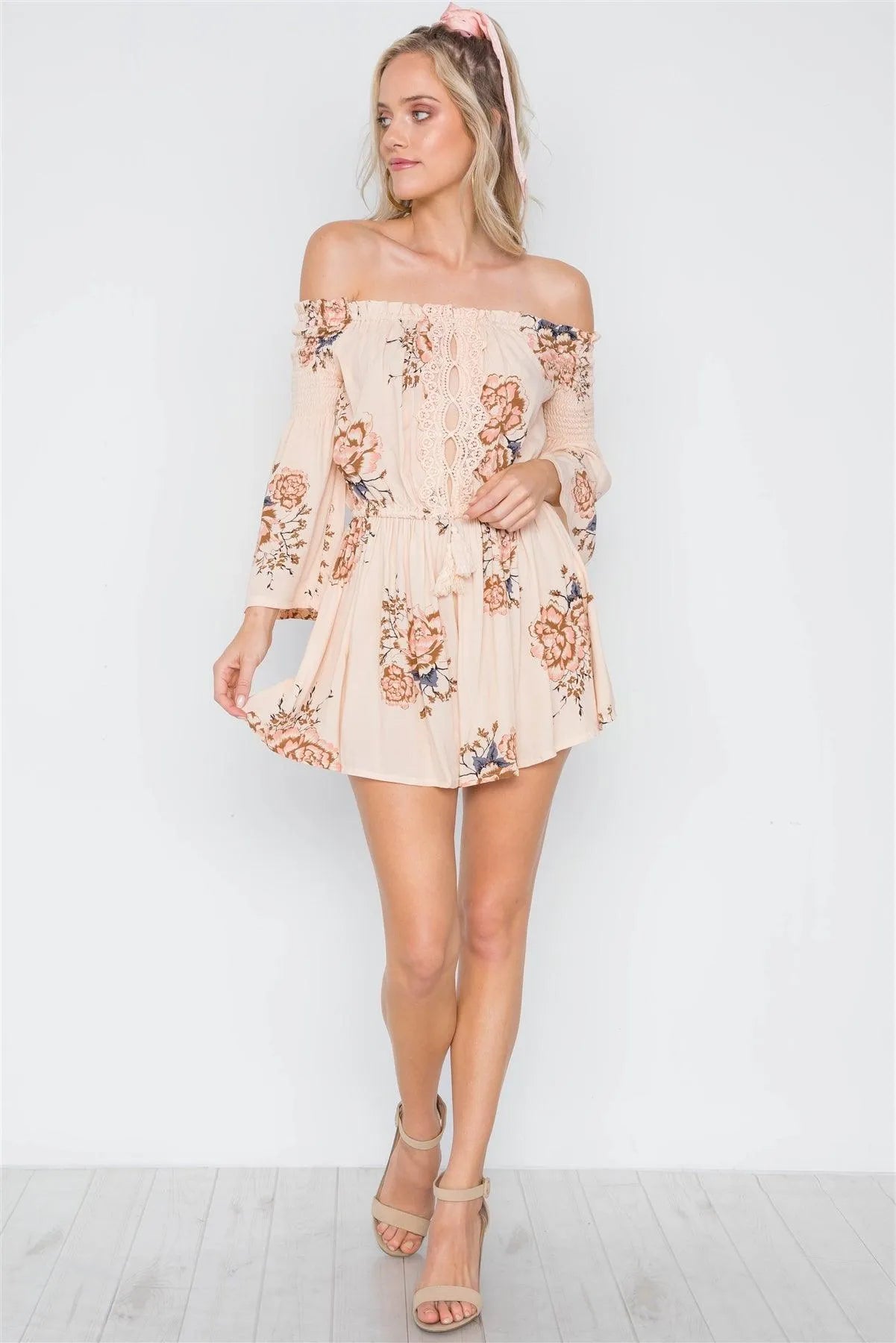 Beige Floral Print Off-The-Shoulder Boho Romper /1-3-2-1 - Tasha Apparel Wholesale