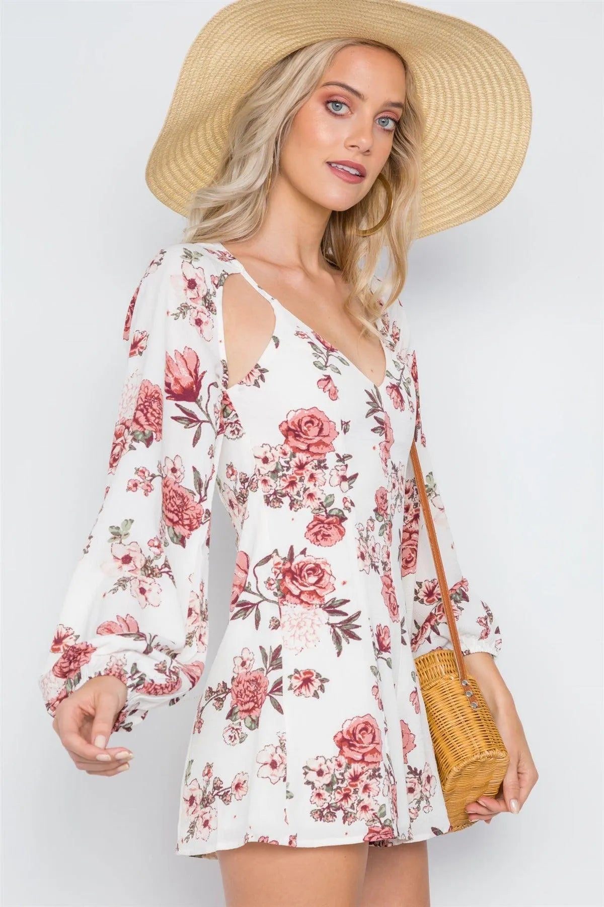 White Floral Print Long Sleeve Cut Out Romper /3-2-1 - Tasha Apparel Wholesale
