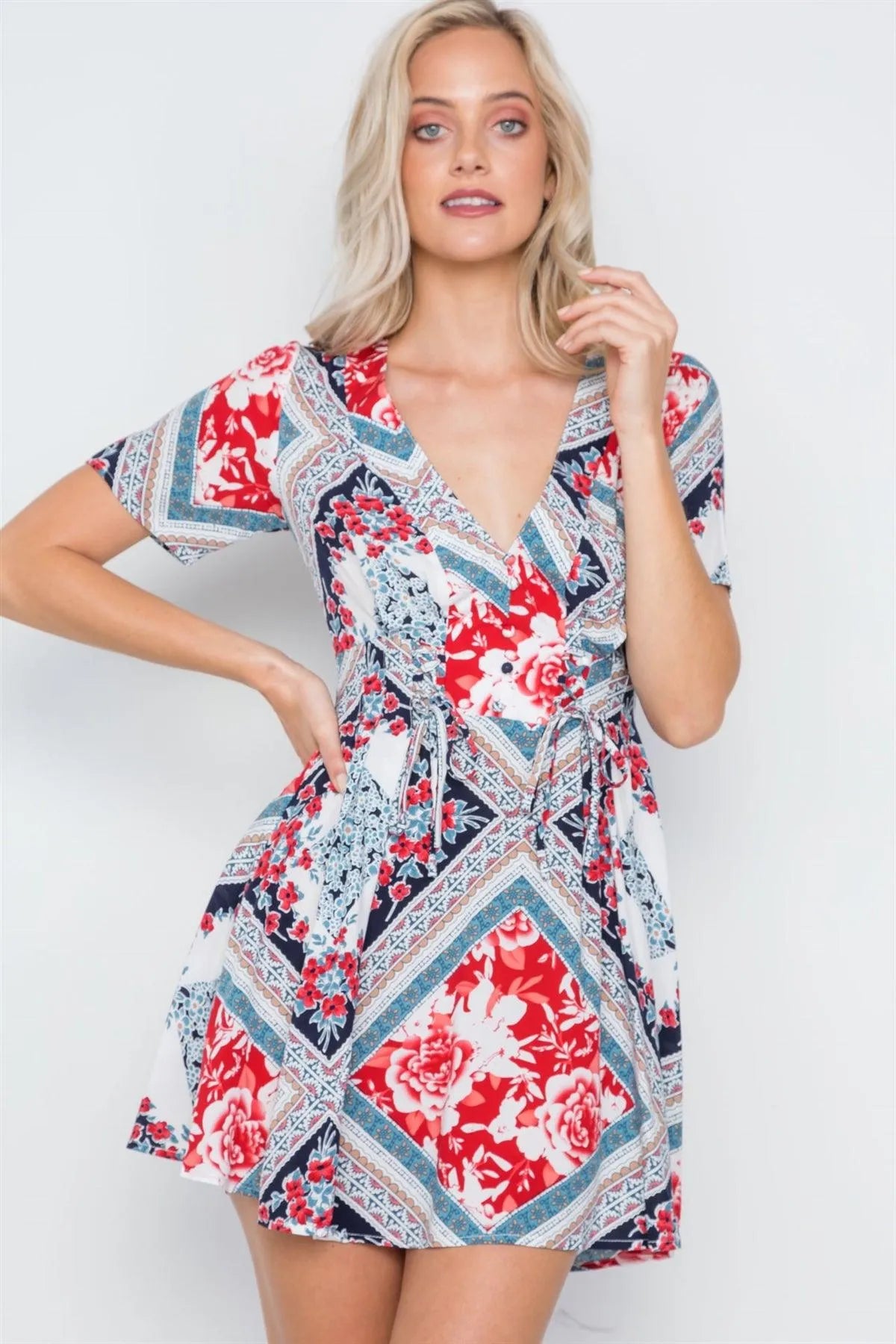 Navy Red Floral Print Short Sleeve Fit & Flair Mini Dress /2-1-2-2 - Tasha Apparel Wholesale