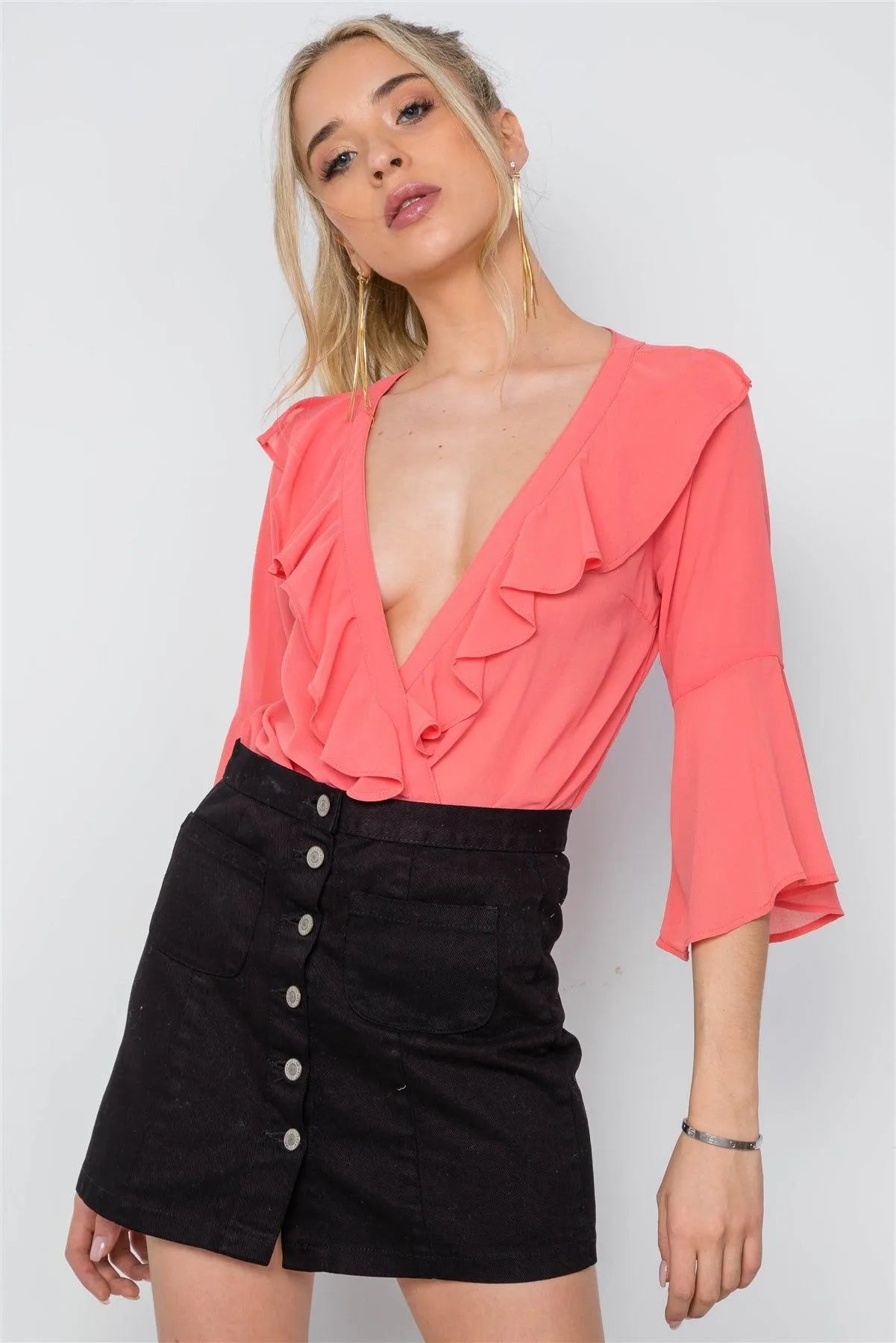 Coral Chiffon Bell Sleeve Ruffle Bodysuit /2-2-2 - Tasha Apparel Wholesale