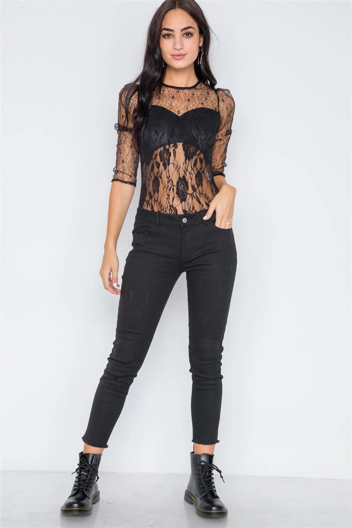 Black Floral Lace Combo Sheer Evening Bodysuit /2-2-2 - Tasha Apparel Wholesale