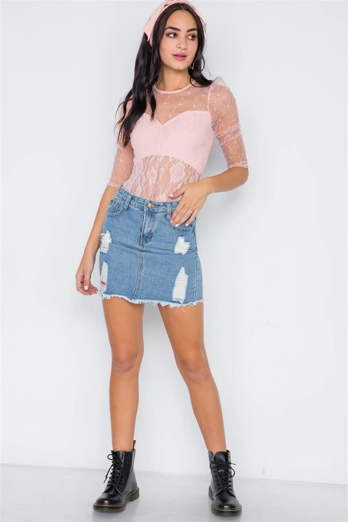 Peach Floral Lace Combo Sheer Evening Bodysuit /2-2-2 - Tasha Apparel Wholesale