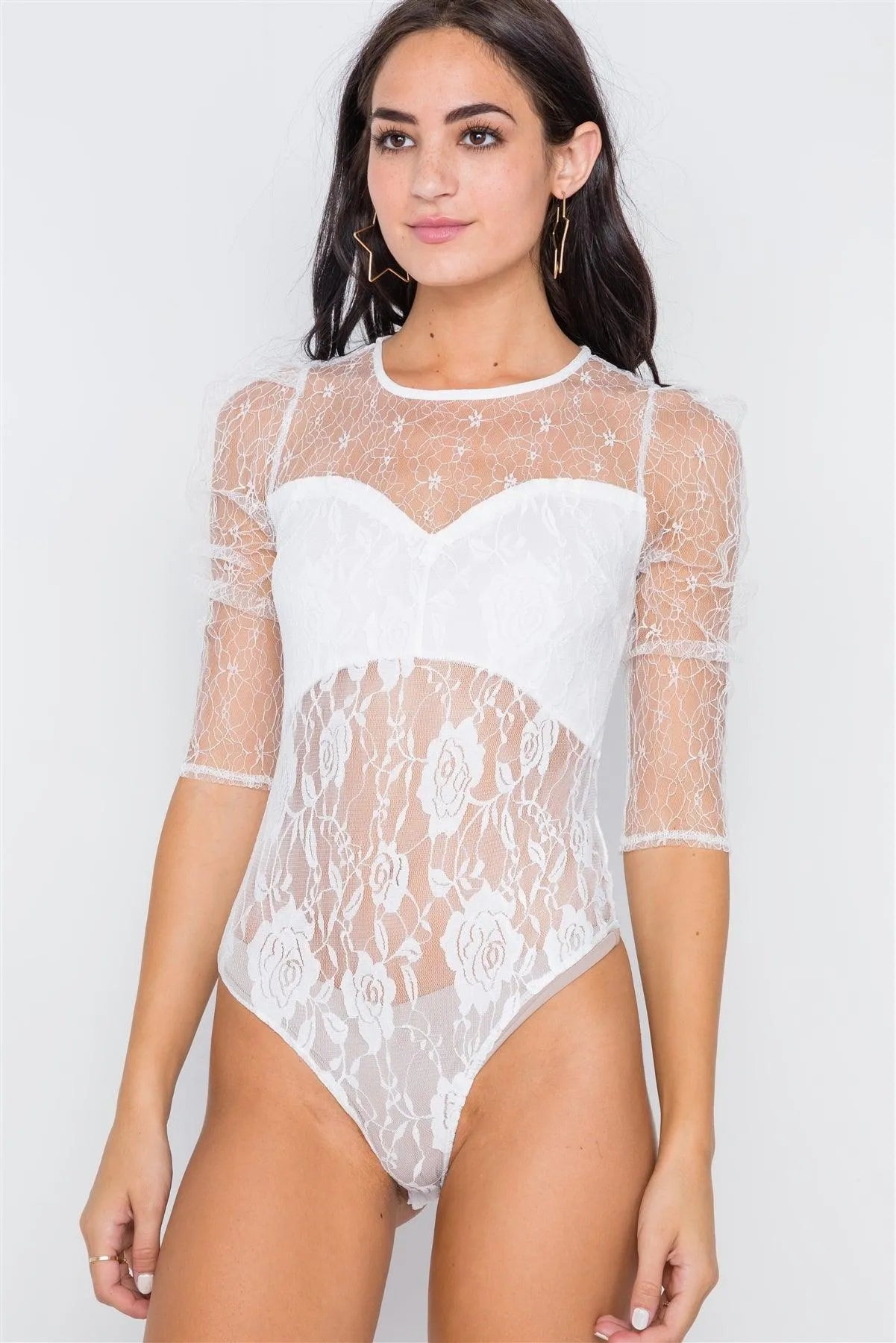 White Floral Lace Combo Sheer Evening Bodysuit /2-2-2 - Tasha Apparel Wholesale