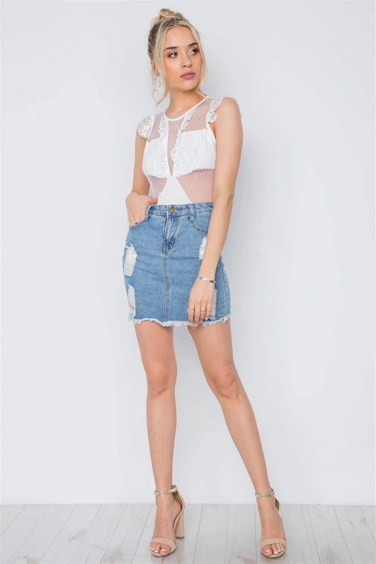White Floral Lace Sheer Ruched Bodysuit /2-2-2 - Tasha Apparel Wholesale
