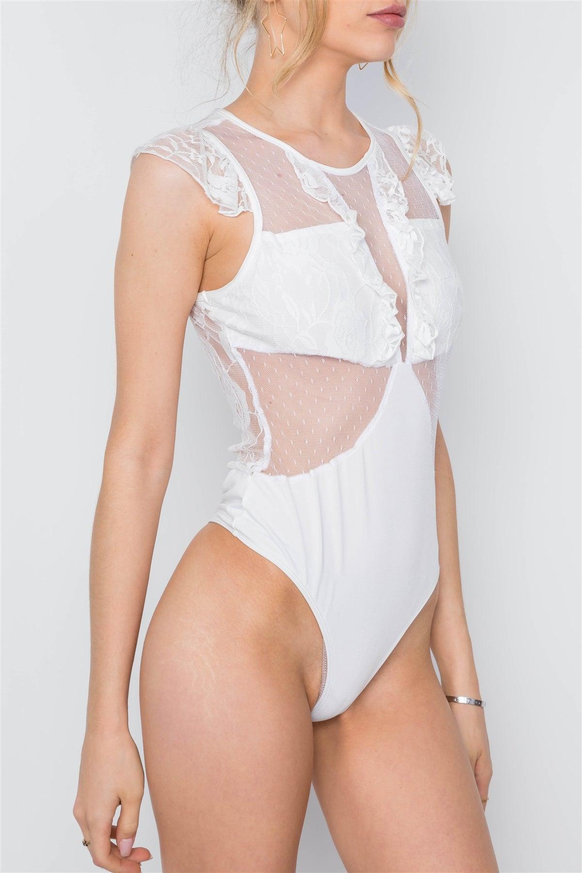 White Floral Lace Sheer Ruched Bodysuit