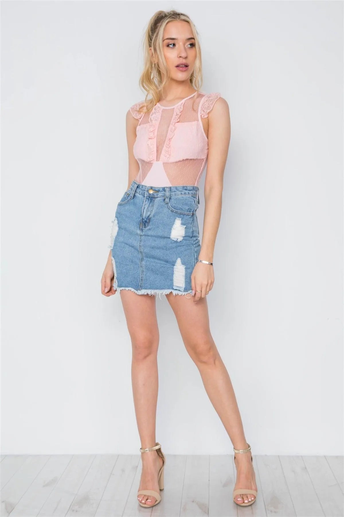 Peach Floral Lace Sheer Ruched Bodysuit /2-2-2 - Tasha Apparel Wholesale