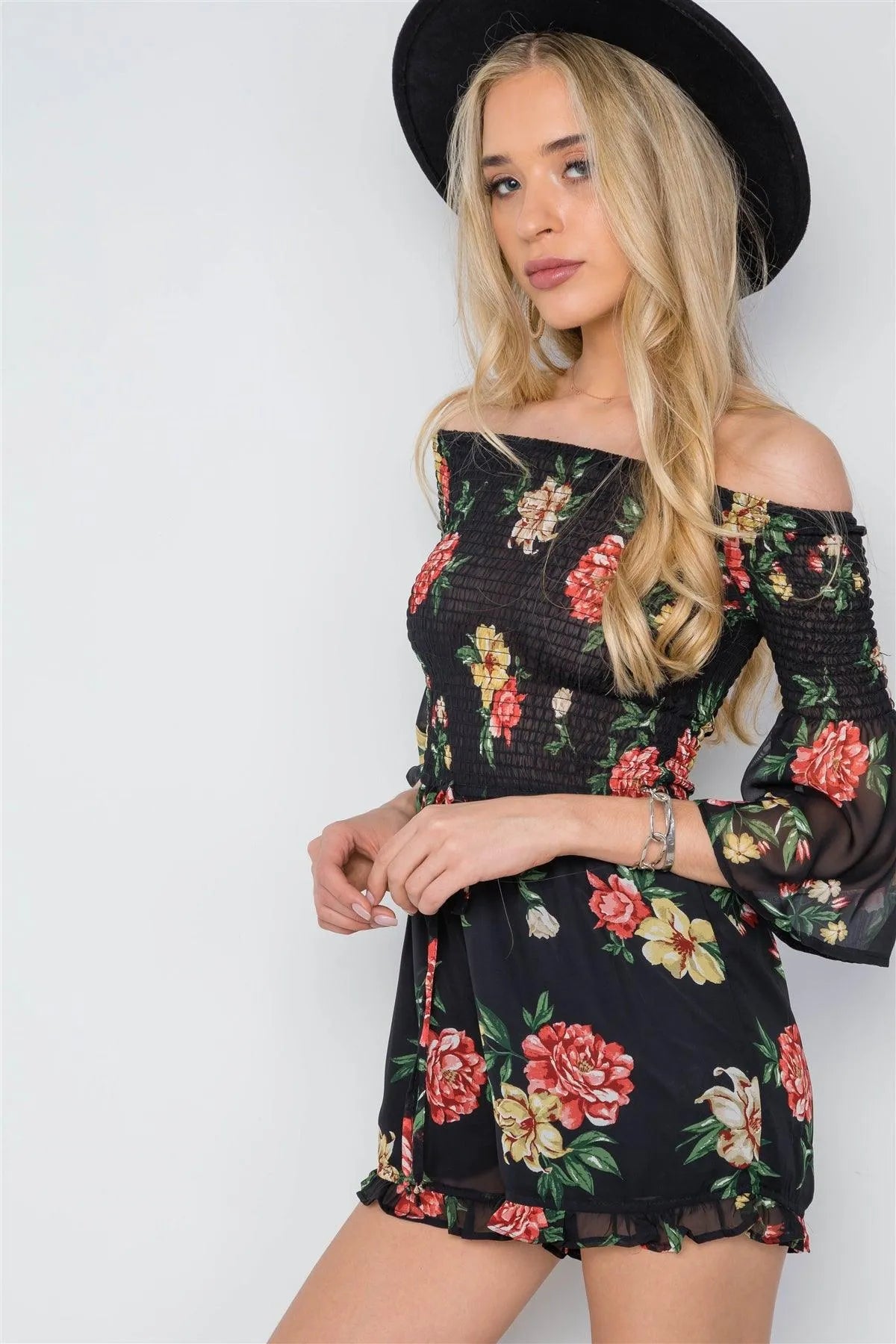 Black Smocked Floral Print Off-The-Shoulder Romper /1-3 - Tasha Apparel Wholesale
