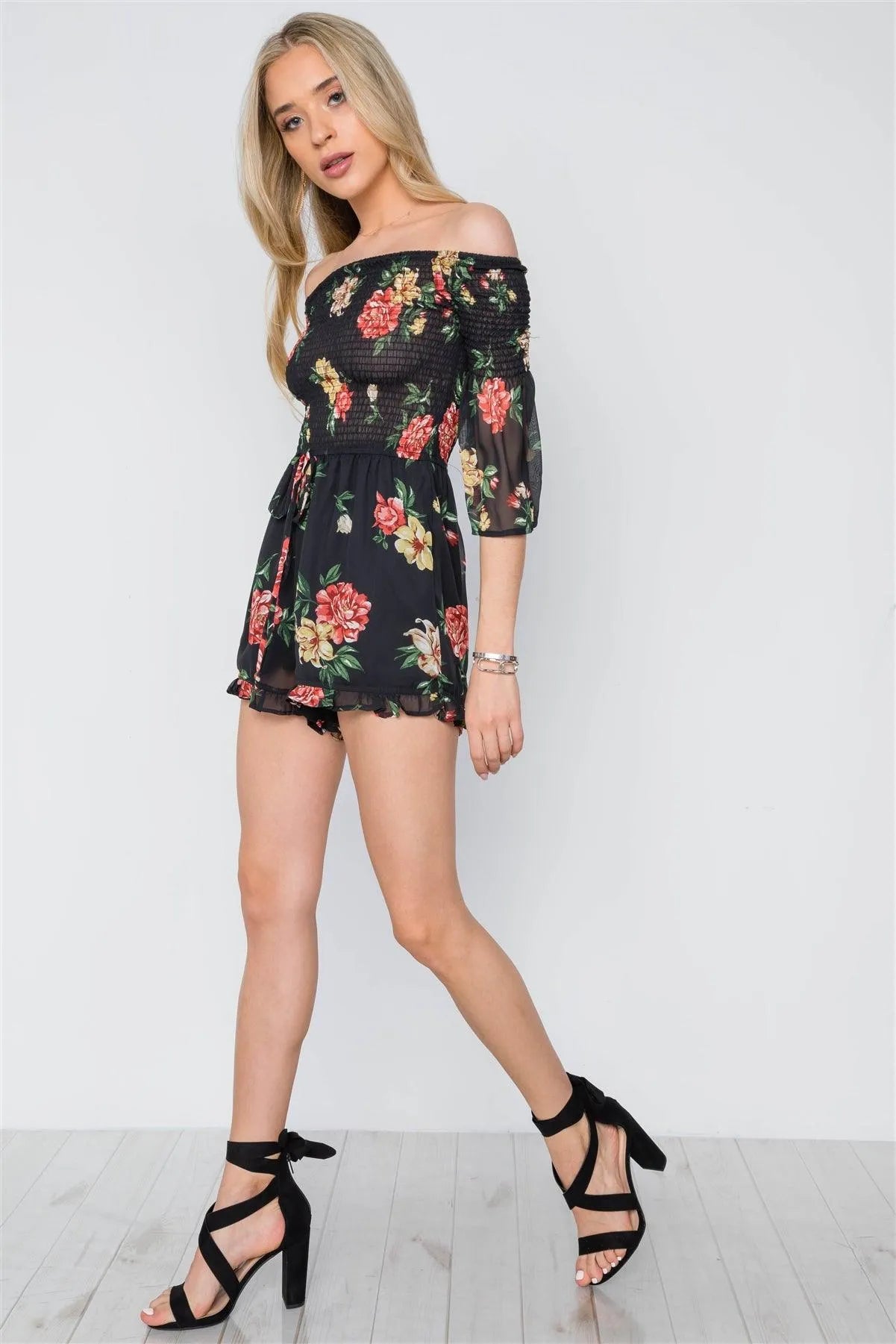 Black Smocked Floral Print Off-The-Shoulder Romper /2-2-2 - Tasha Apparel Wholesale